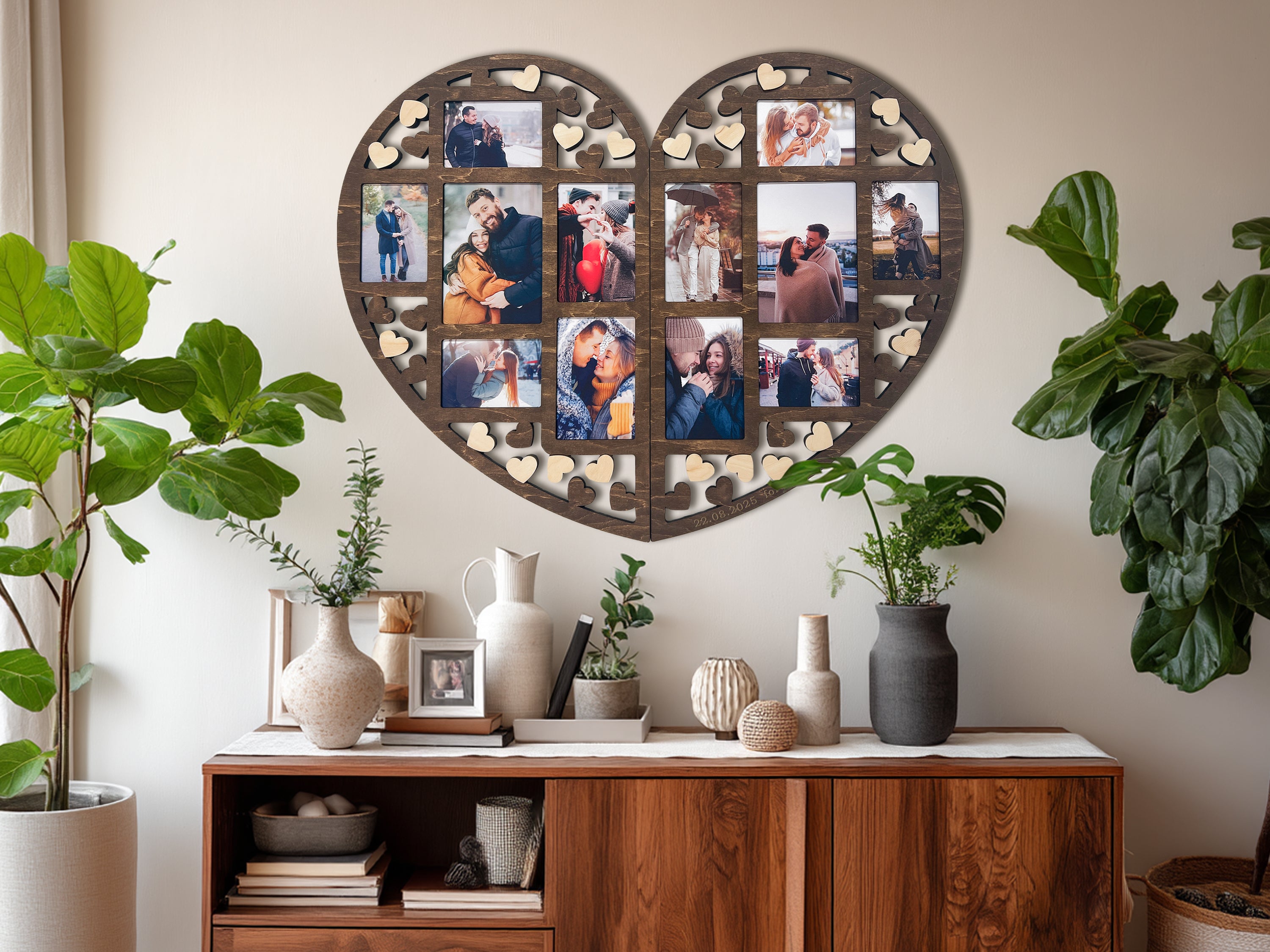 Personalized Heart Photo Collage – Wooden Couple Picture Frame for Love Story