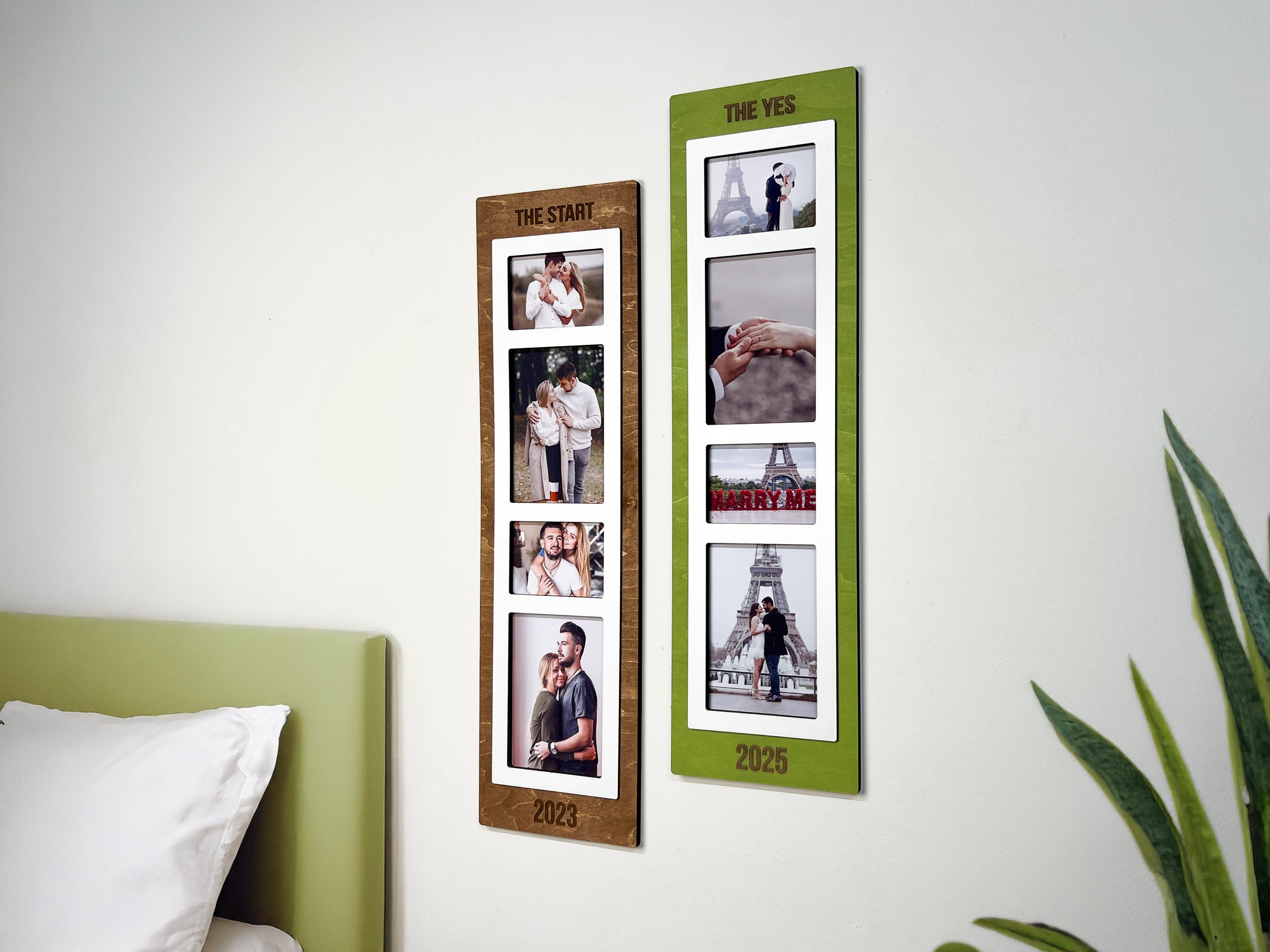 Two vertical wooden collage photo frames with couples' photos and labeled years, mounted on a wall.