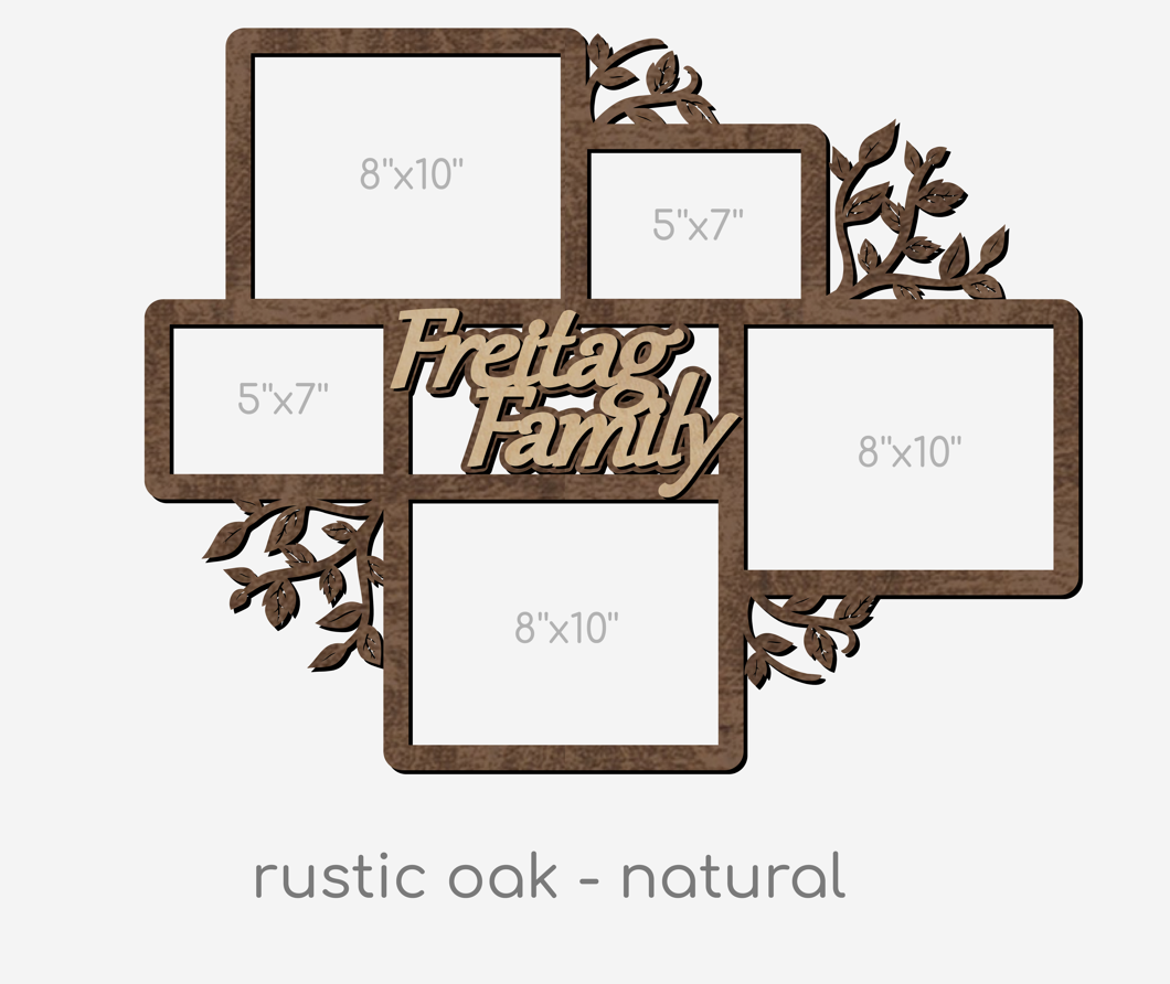 Rustic oak natural wood family collage picture frame with leaf design, holds 5x7 and 8x10 photos.