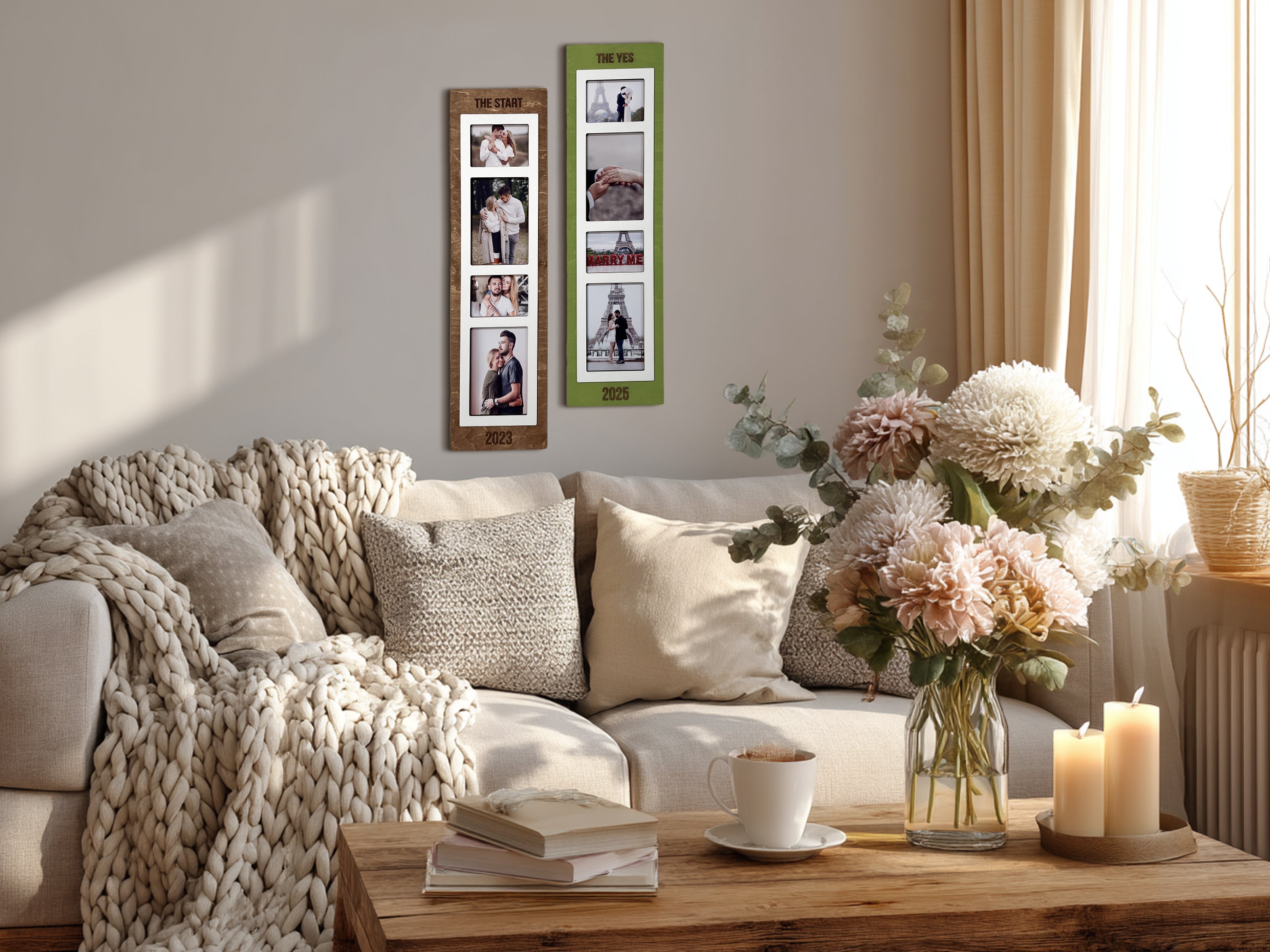 Cozy living room with handcrafted wooden picture frames on wall, neutral sofa, chunky knit throw, decorative pillows, floral vase, and candles on wooden coffee table.