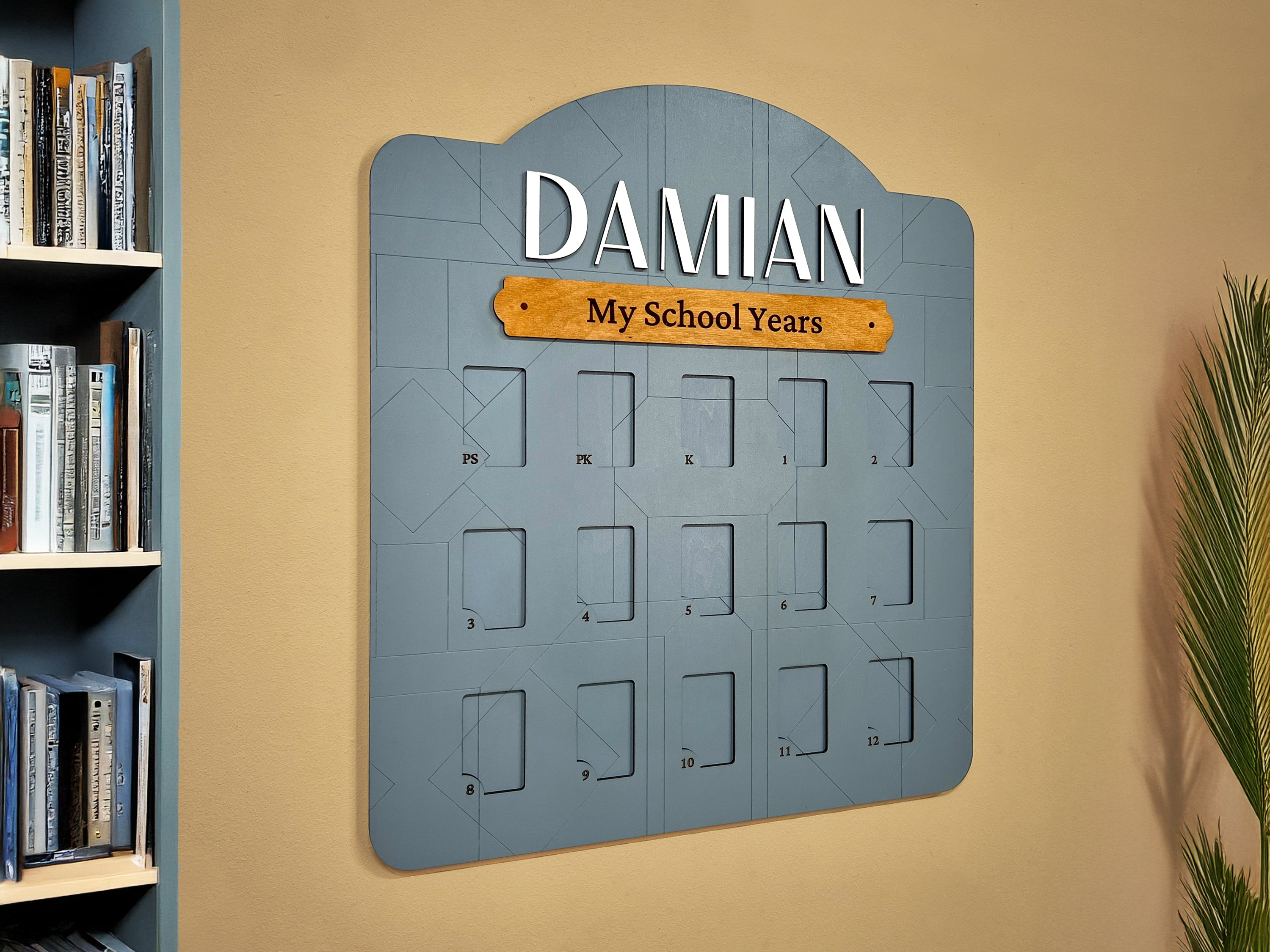 Personalized wooden school years photo frame for children, blue wall-mounted display