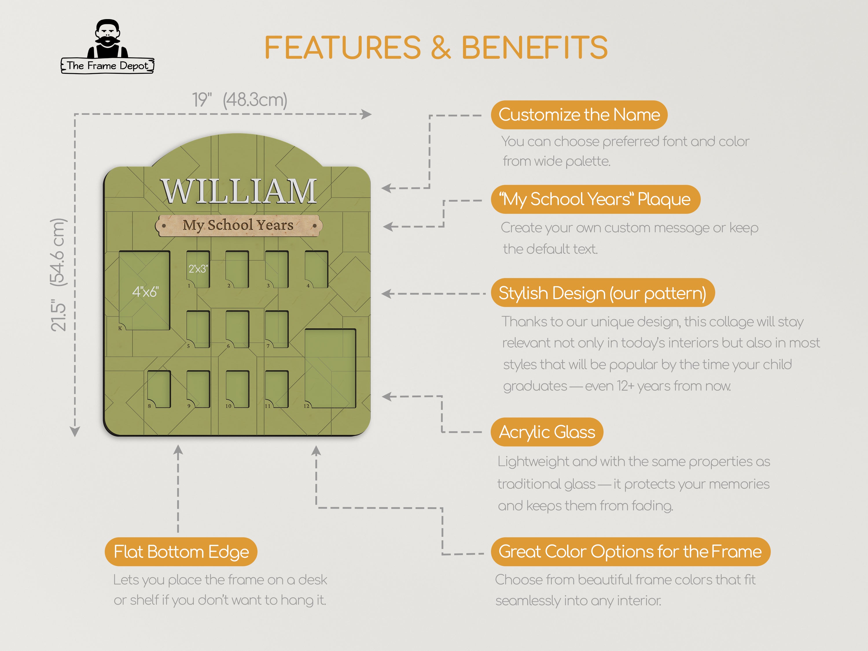 Customizable wooden school years collage picture frame in green, features, benefits, sizes shown.