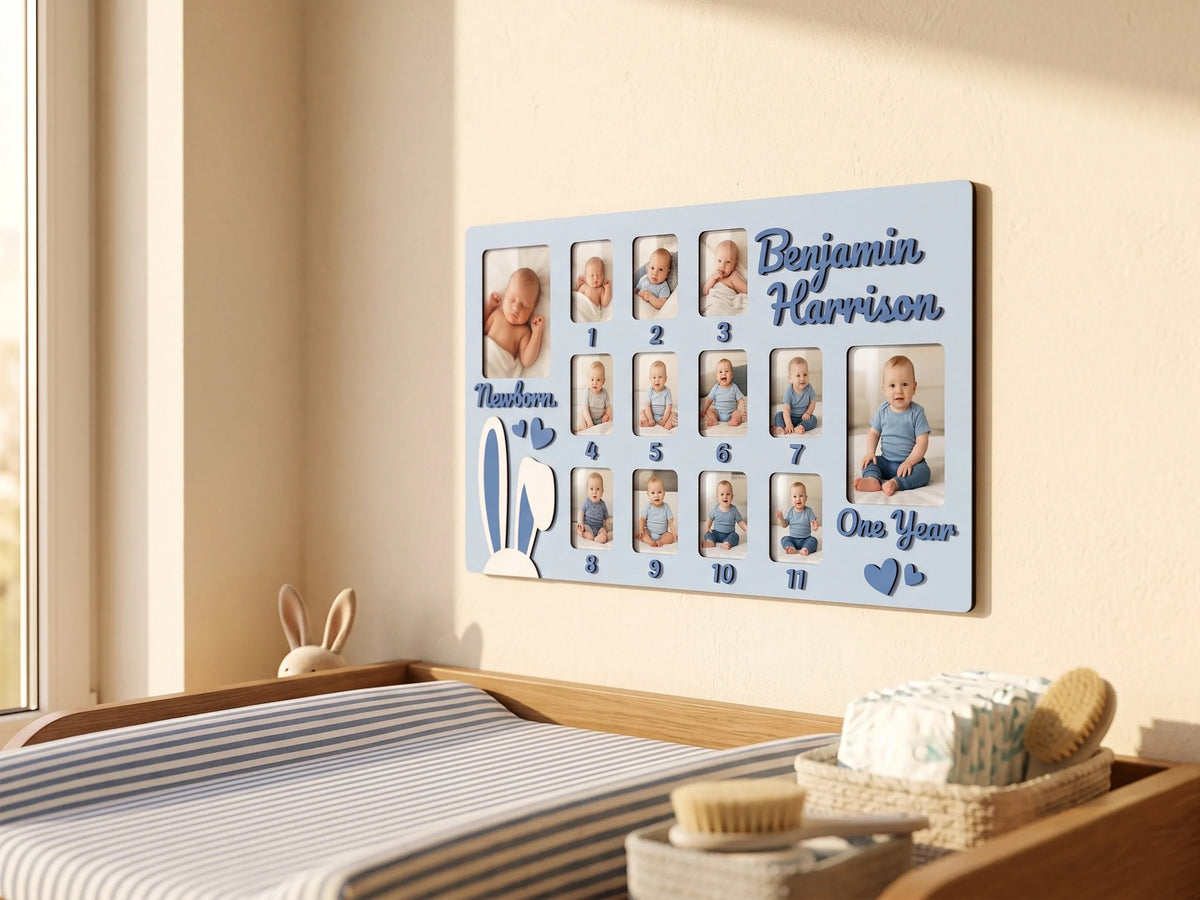 Personalized baby first year photo frame by The Frame Depot with monthly milestone collage.