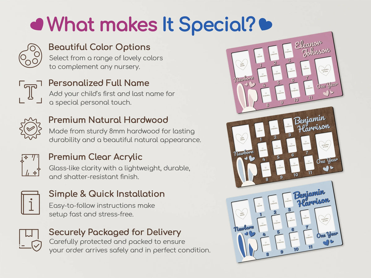 Personalized baby first year photo frames by The Frame Depot in pink, brown, and white.