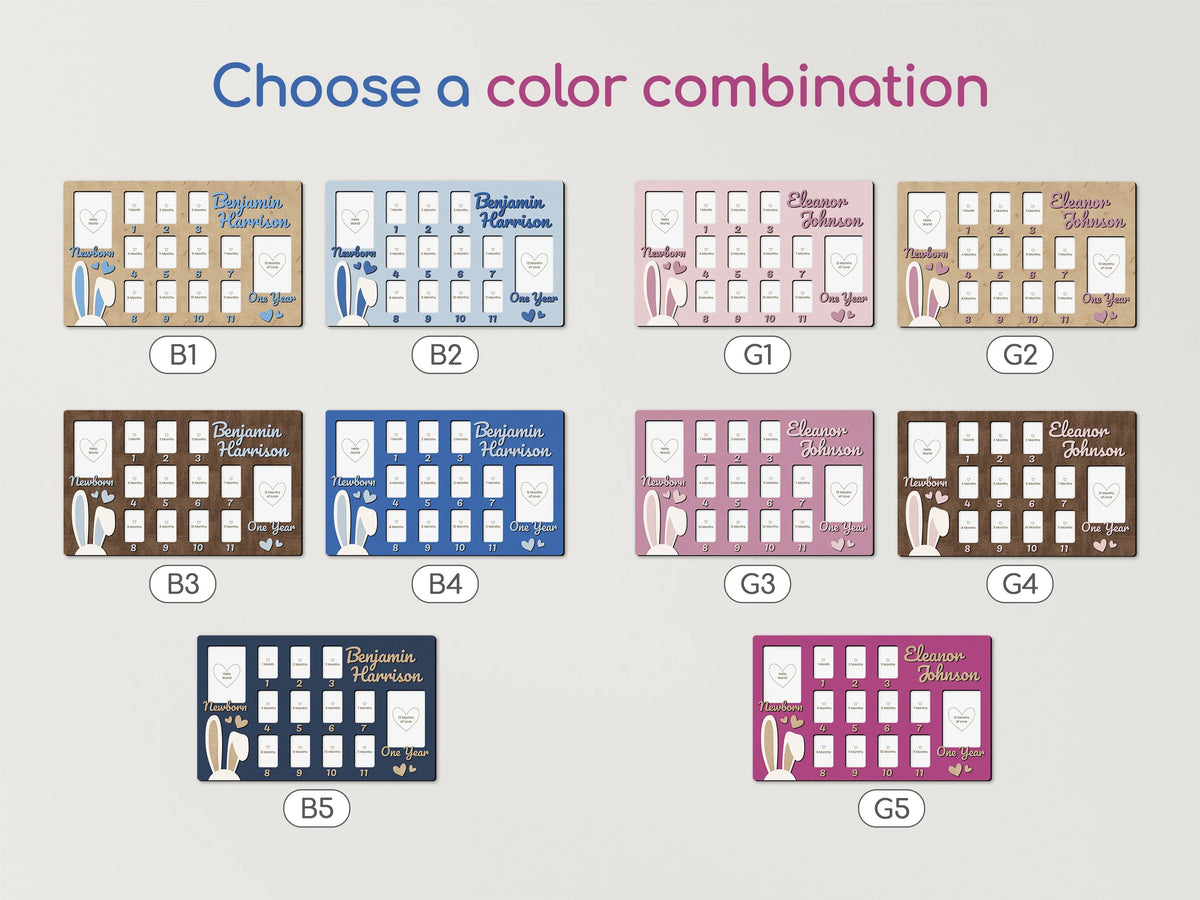 Color combination options for The Frame Depot personalized baby first year photo frames.
