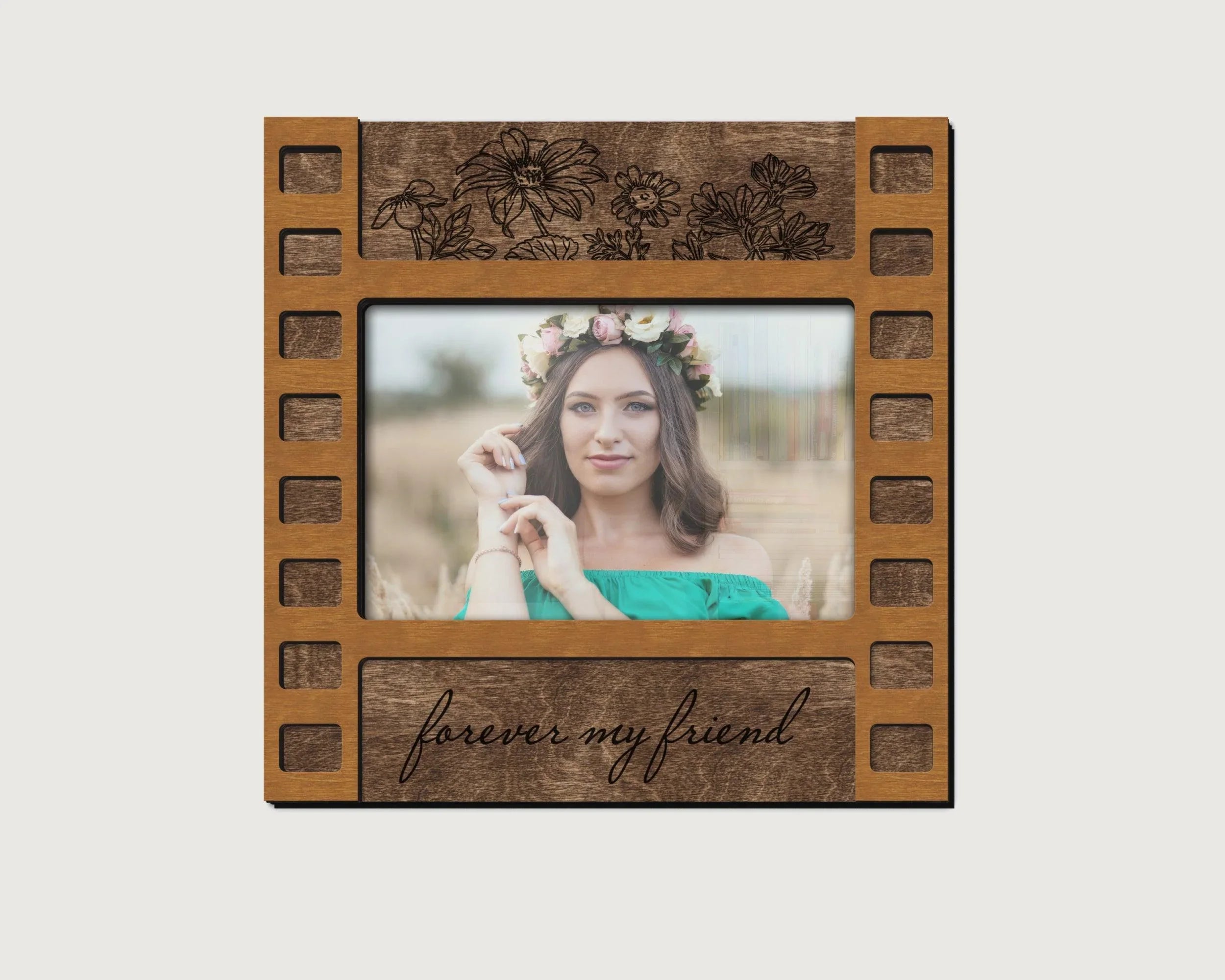 Floral Wooden Photo Frame | Engraved Forever My Friend Sign - The Frame Depot