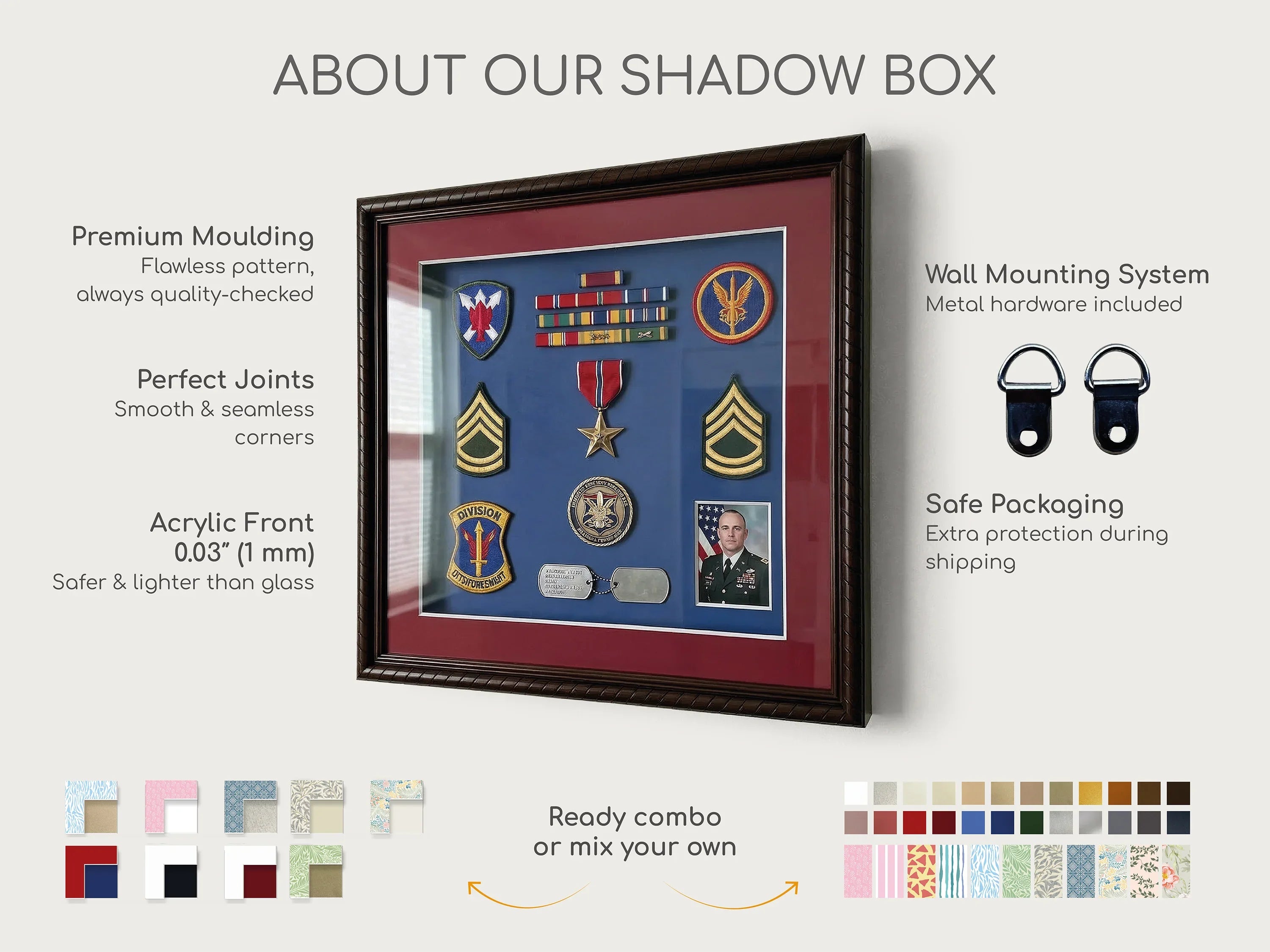 Handcrafted wooden shadow box displaying military medals, badges, and photo with red and blue mat, brown premium moulding, acrylic front, and wall mounting hardware.