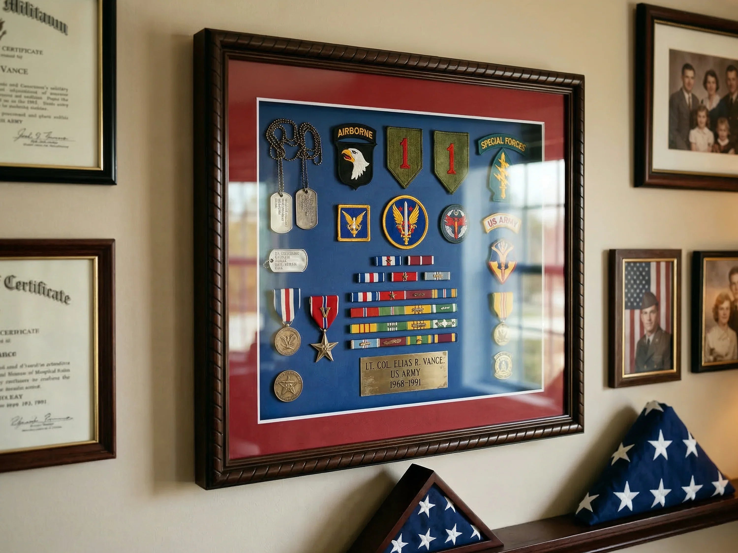 Military shadow box display with medals, badges, and dog tags in a handcrafted wooden frame