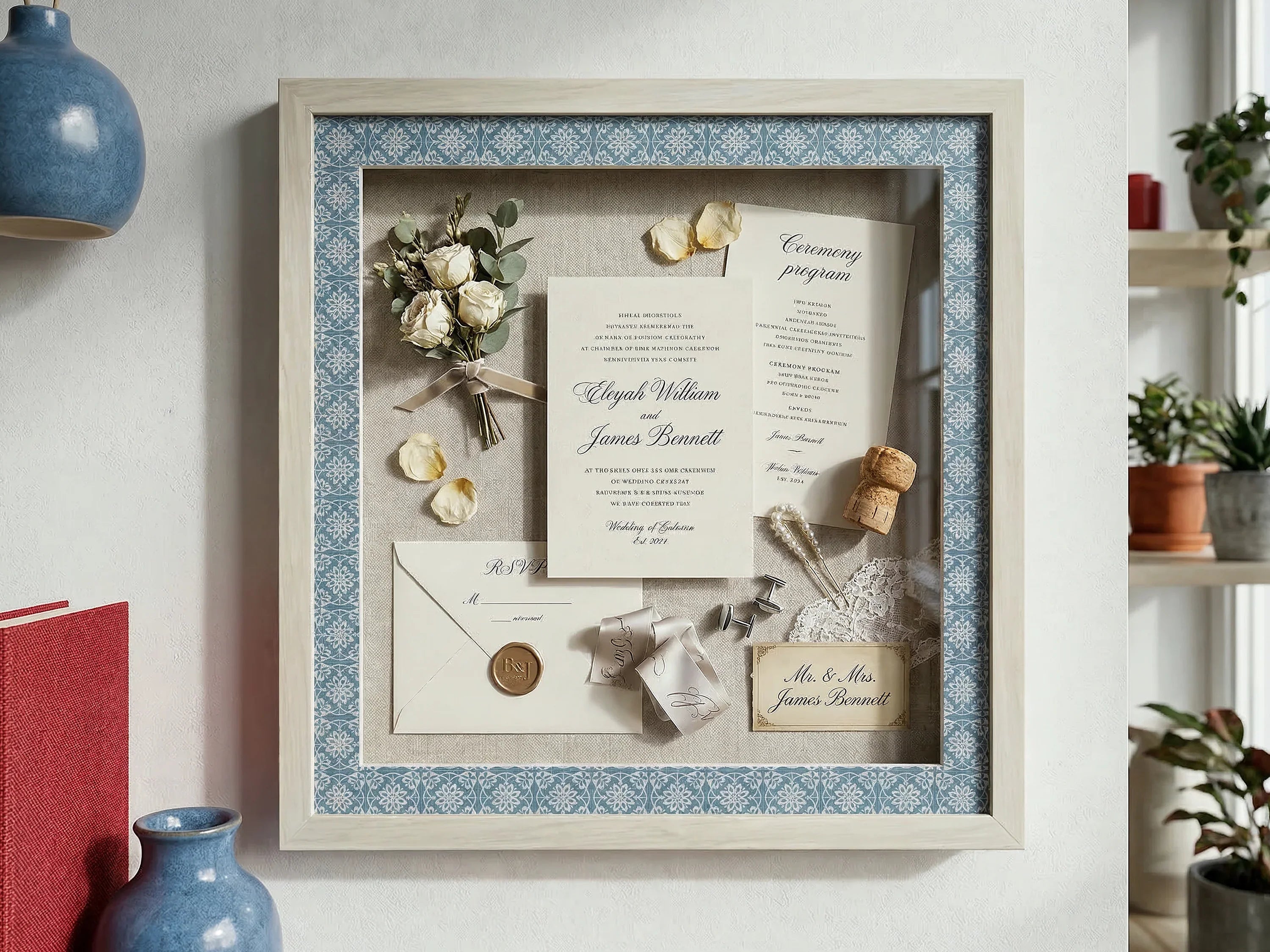Handcrafted wooden shadow box frame with wedding keepsakes and blue floral mat