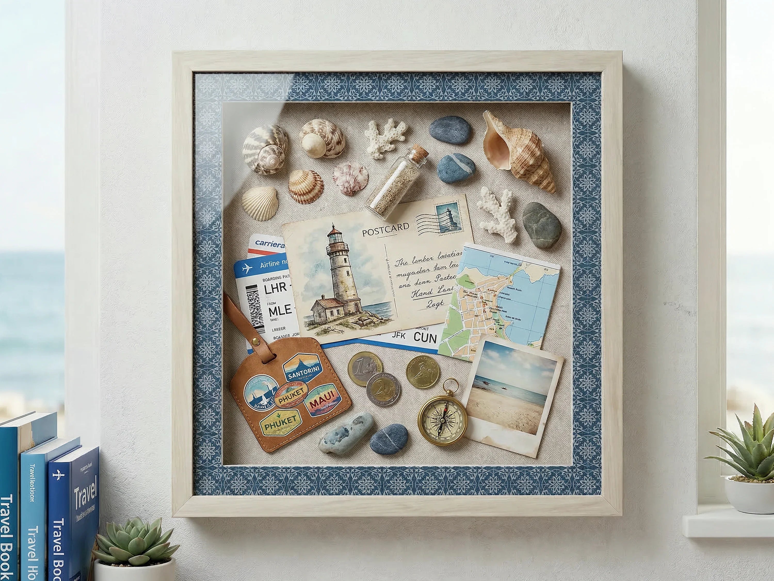 Shadow box display with seashells, travel souvenirs, postcards, coins, and a vintage compass.