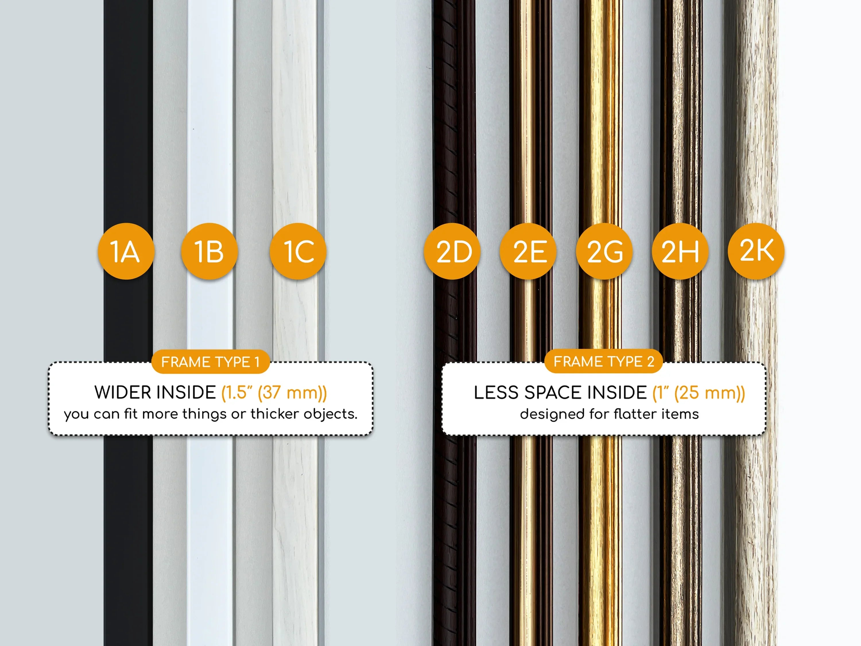 Wooden shadowbox frames in various colors, labeled by type, widths for thicker or flatter items.