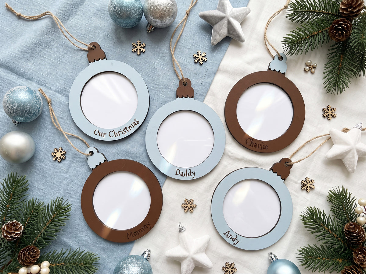 Décoration d'arbre de Noël personnalisée | Ornements de cadre photo circulaire en bois