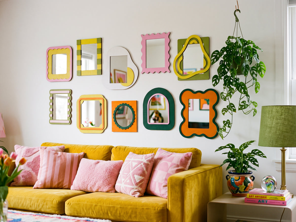 Colorful dopamine mirror set for an eclectic gallery wall