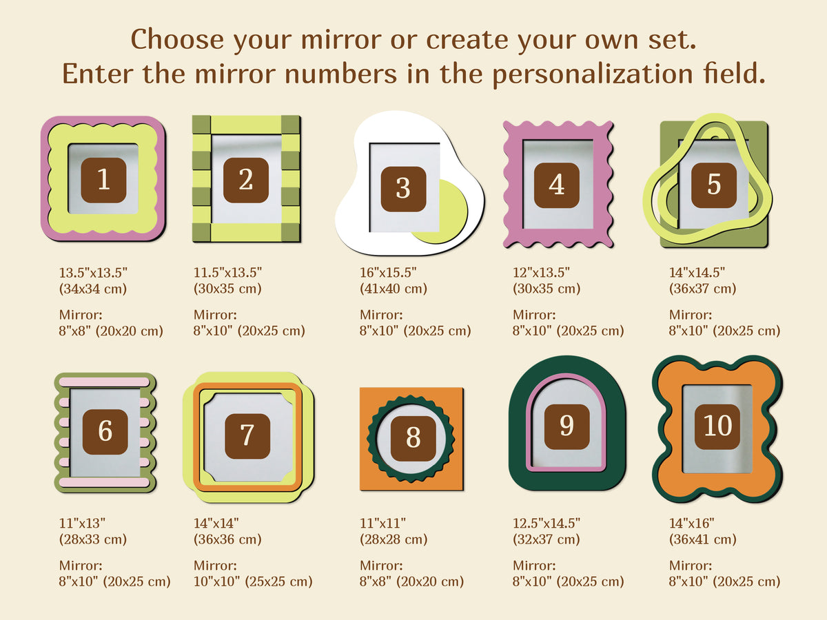 Colorful mirror designs numbered 1 through 10 with dimensions