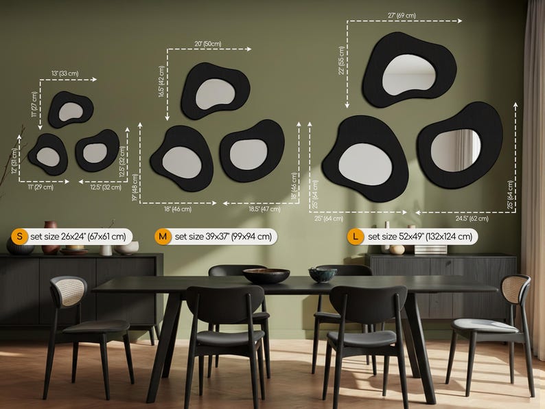 Fluid Mirror Set of three asymmetrical wood mirrors arranged as a gallery wall