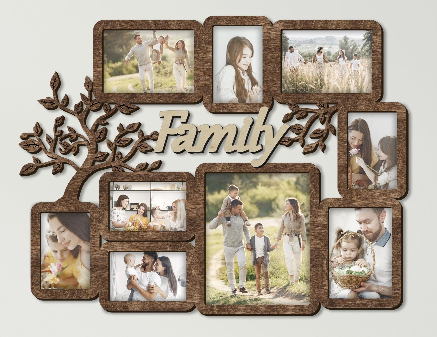 Family Wall Verbs Collage Picture Photo Frame (2) 4x4 (1) 4x6 Brown 16.5  x 11