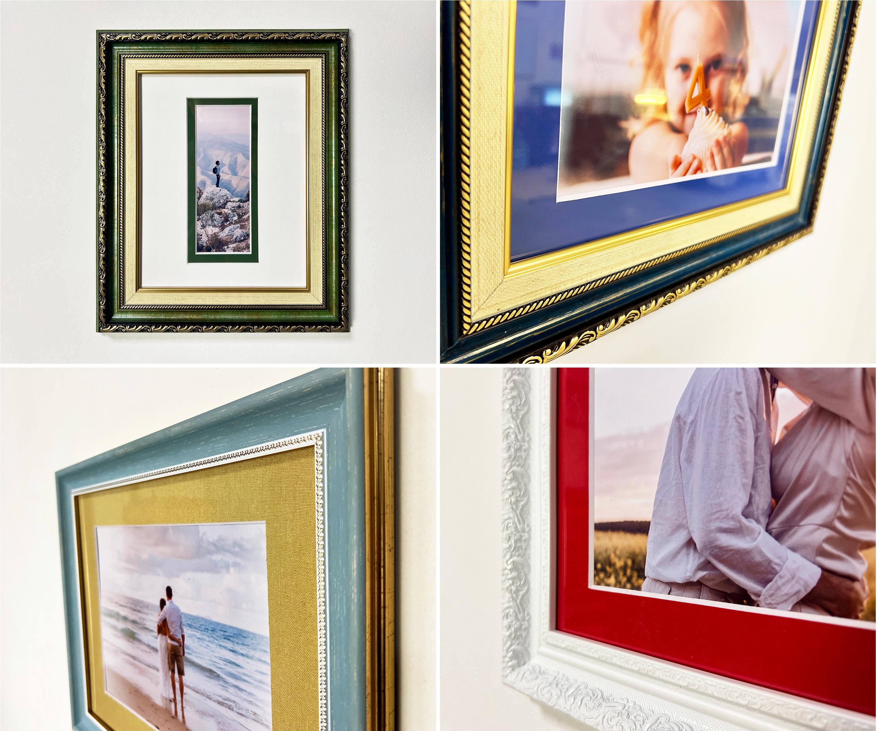European-style handcrafted wooden picture frames with gold, blue, green, and red accents, displaying family and scenic photos on a wall.