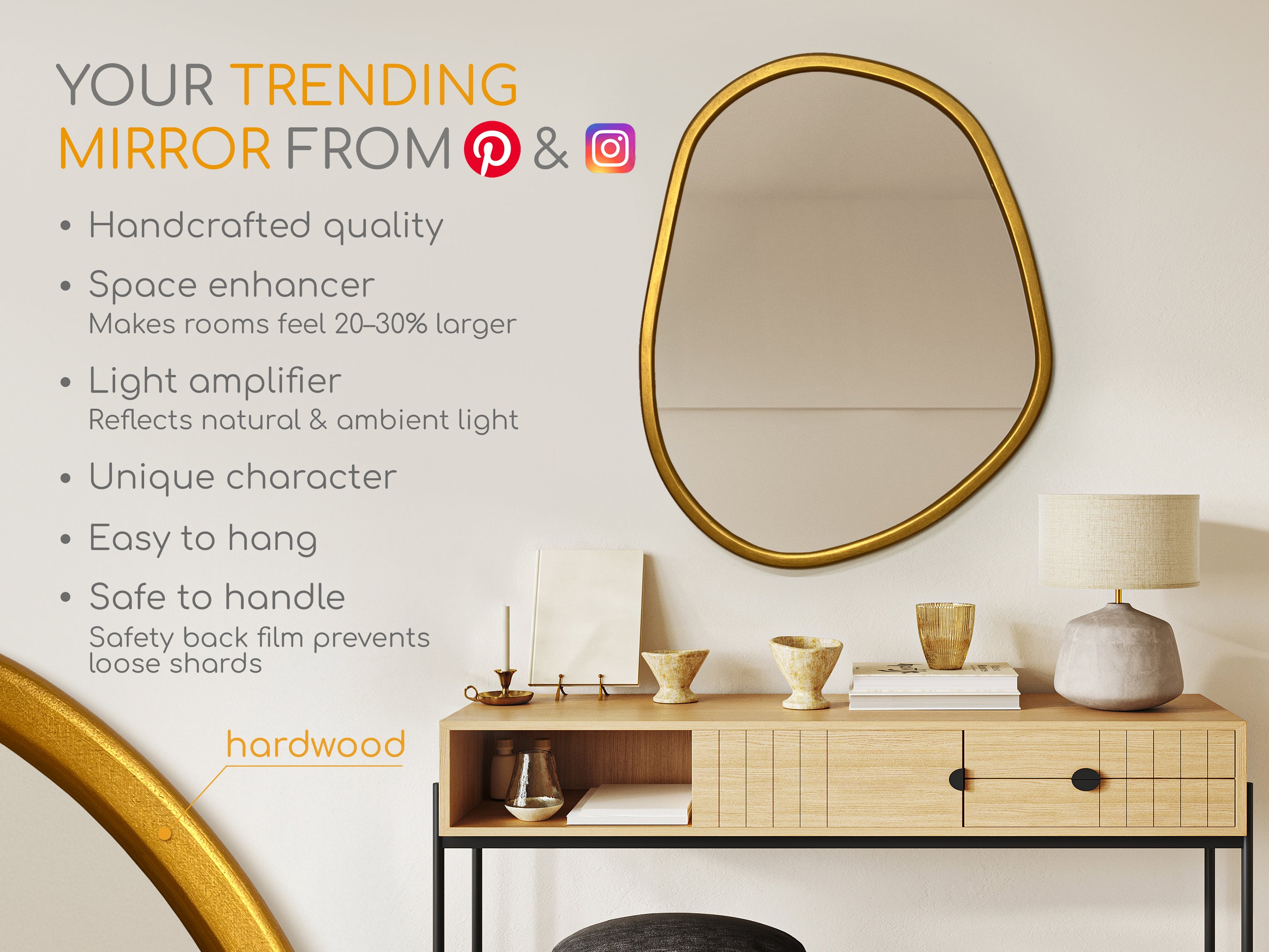 Miroir à cadre en bois de forme organique