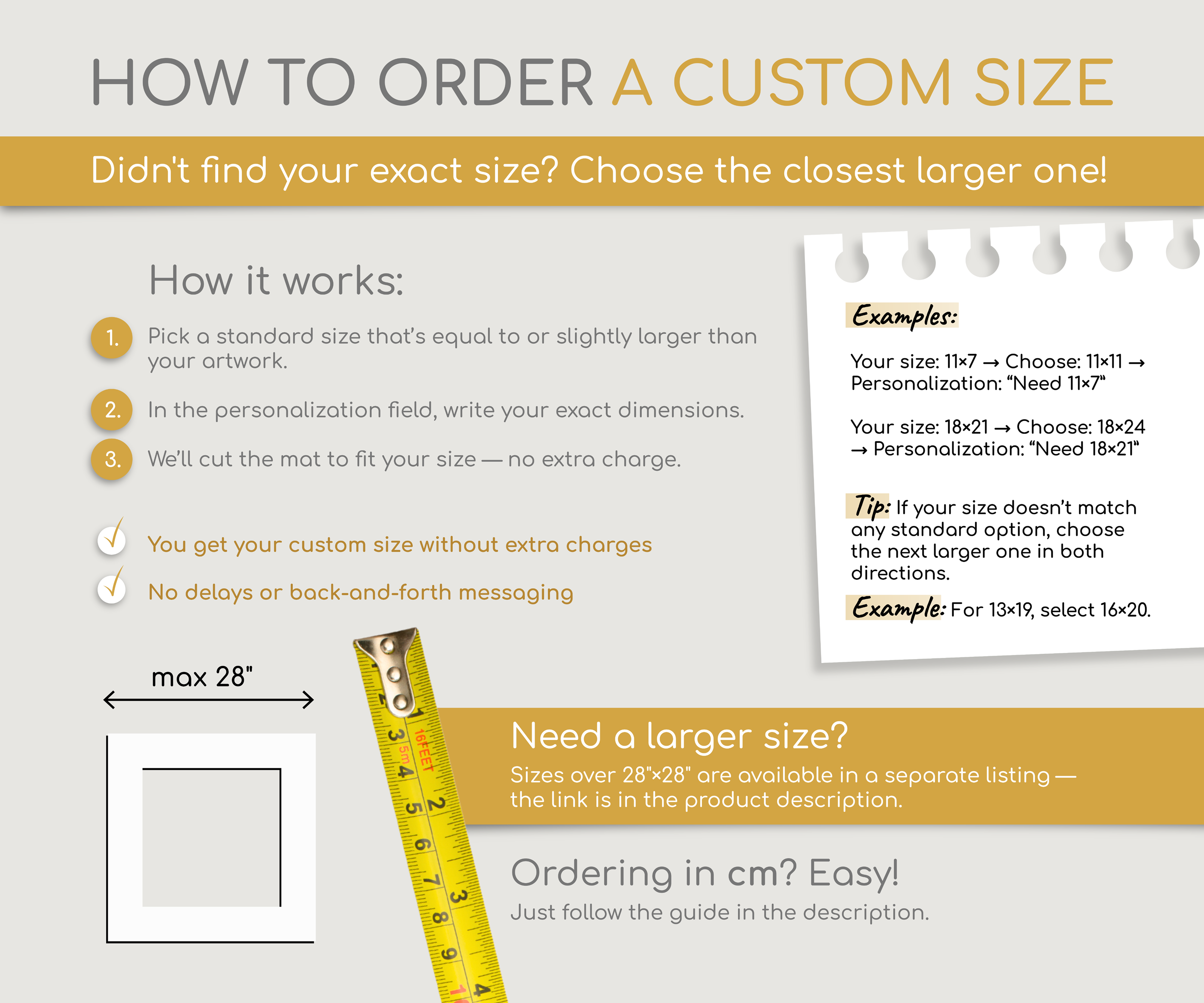 Guide for ordering custom size matboards, shows sizing instructions and measuring tape illustration.