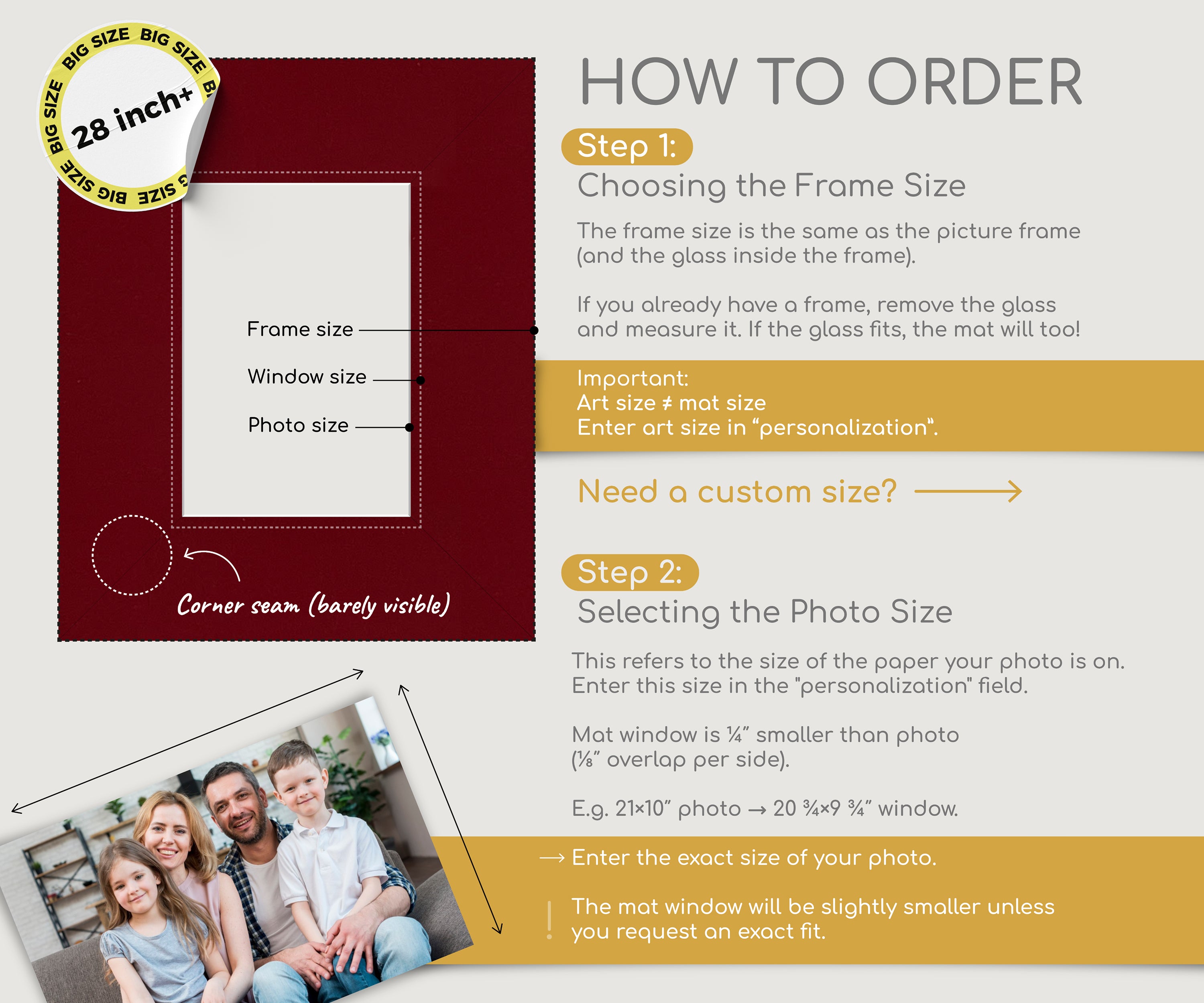Guide showing how to order a large 28 inch photo mat board with frame, window, and photo size labels.