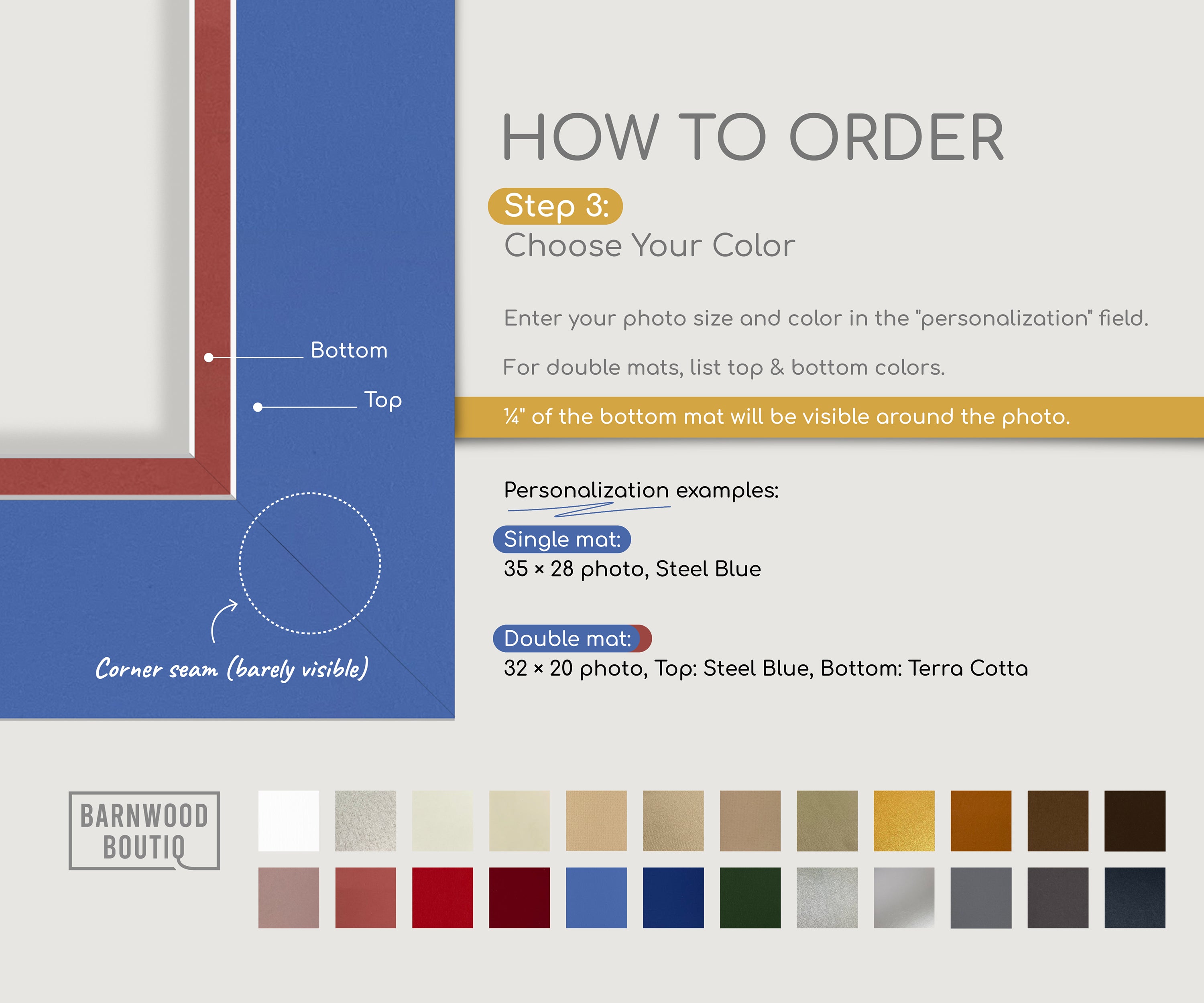 Sample double matboard corner in steel blue and terra cotta colors with color options, instructions, and personalization guide for choosing custom photo mat colors.