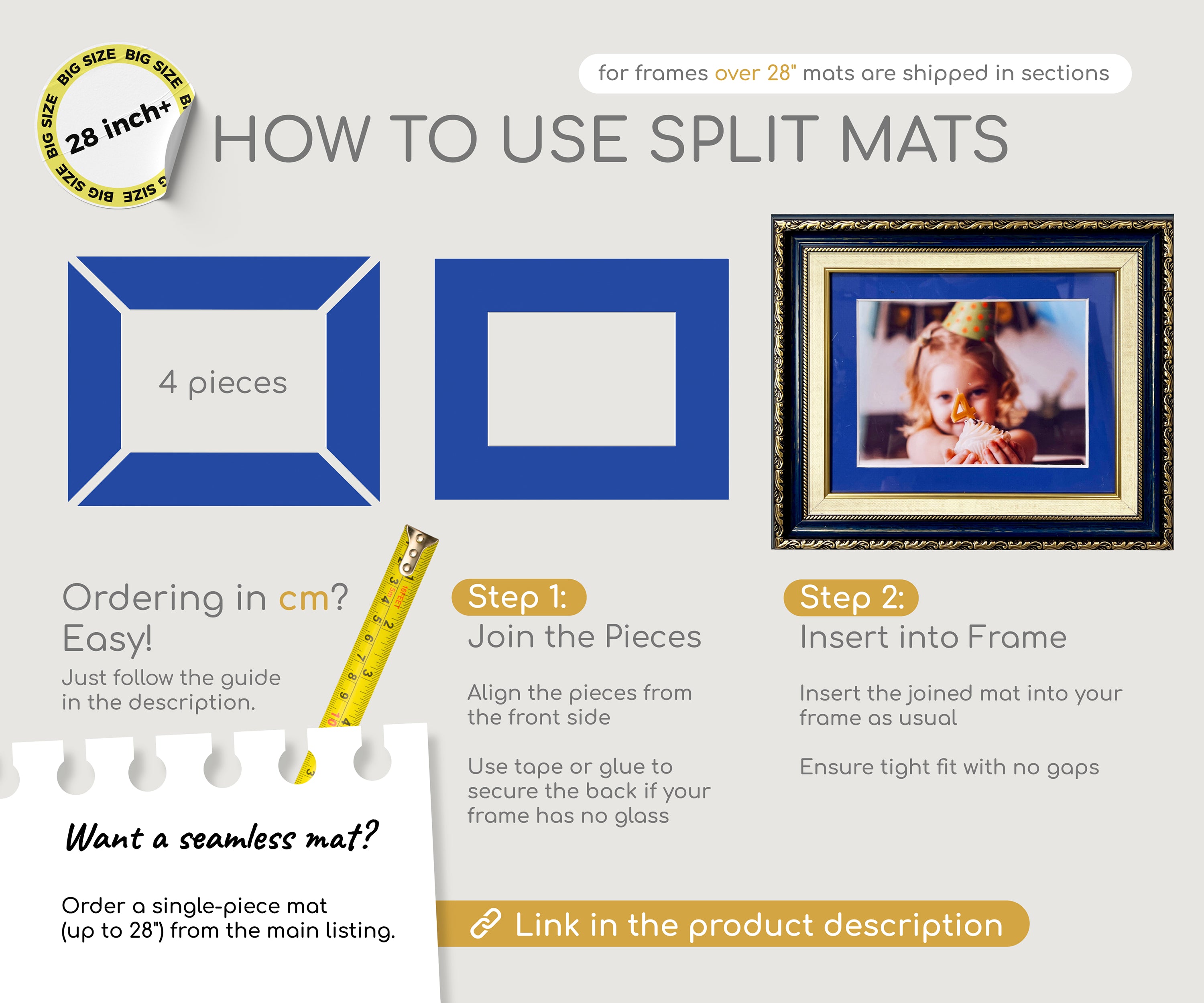 Instructional graphic showing how to assemble and use blue split mat boards for picture frames over 28 inches, with assembly steps and a sample framed photo for visual reference.