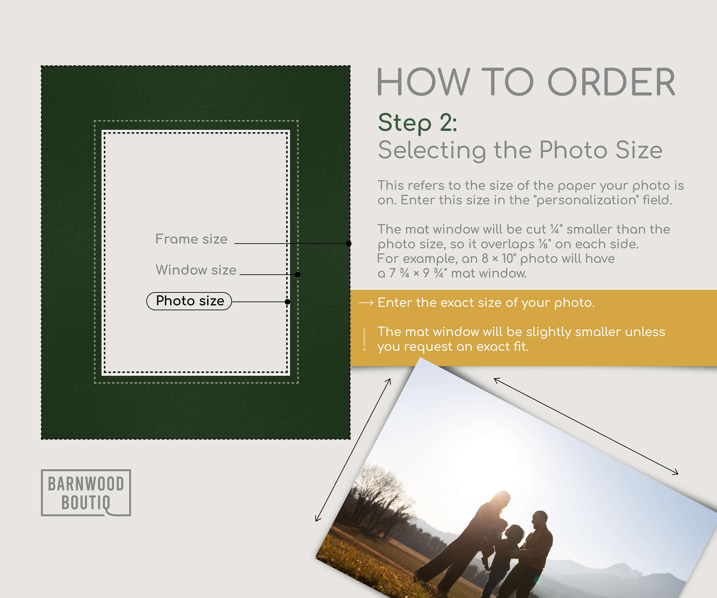 Mat board sizing guide for selecting photo size, showing frame, window, and photo dimensions with diagram and family photo example.