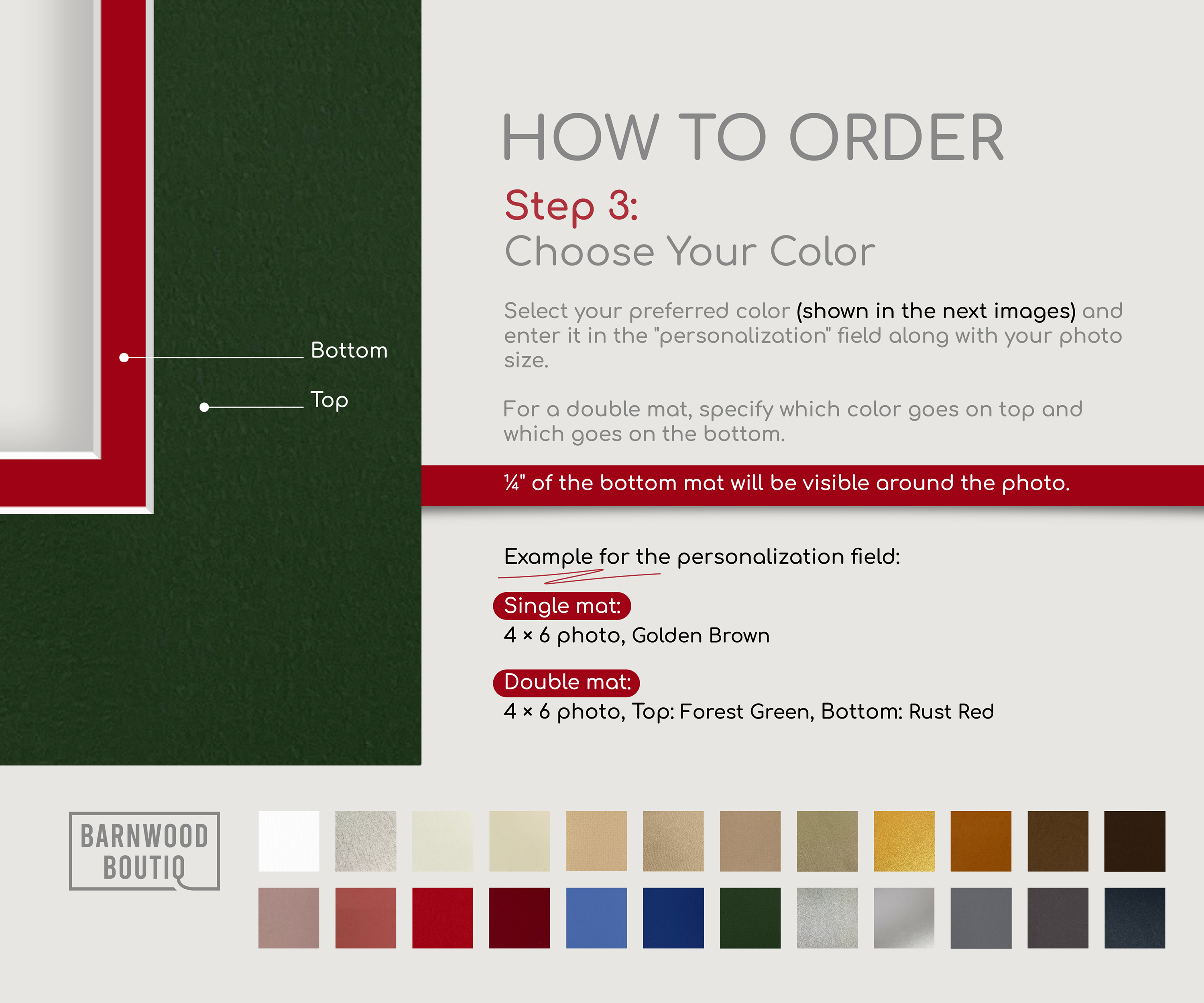 Matboard color selection guide for picture frames, showing double mat example with color swatches and order instructions.