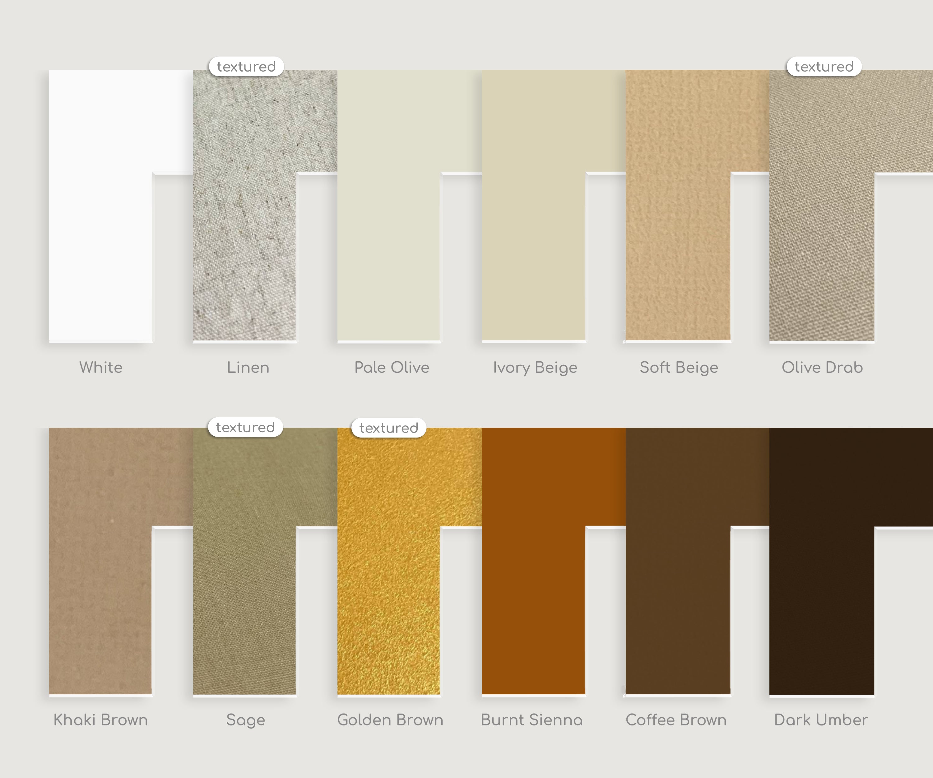 Matboard color palette with textured and smooth samples in white, beige, olive, and brown tones.