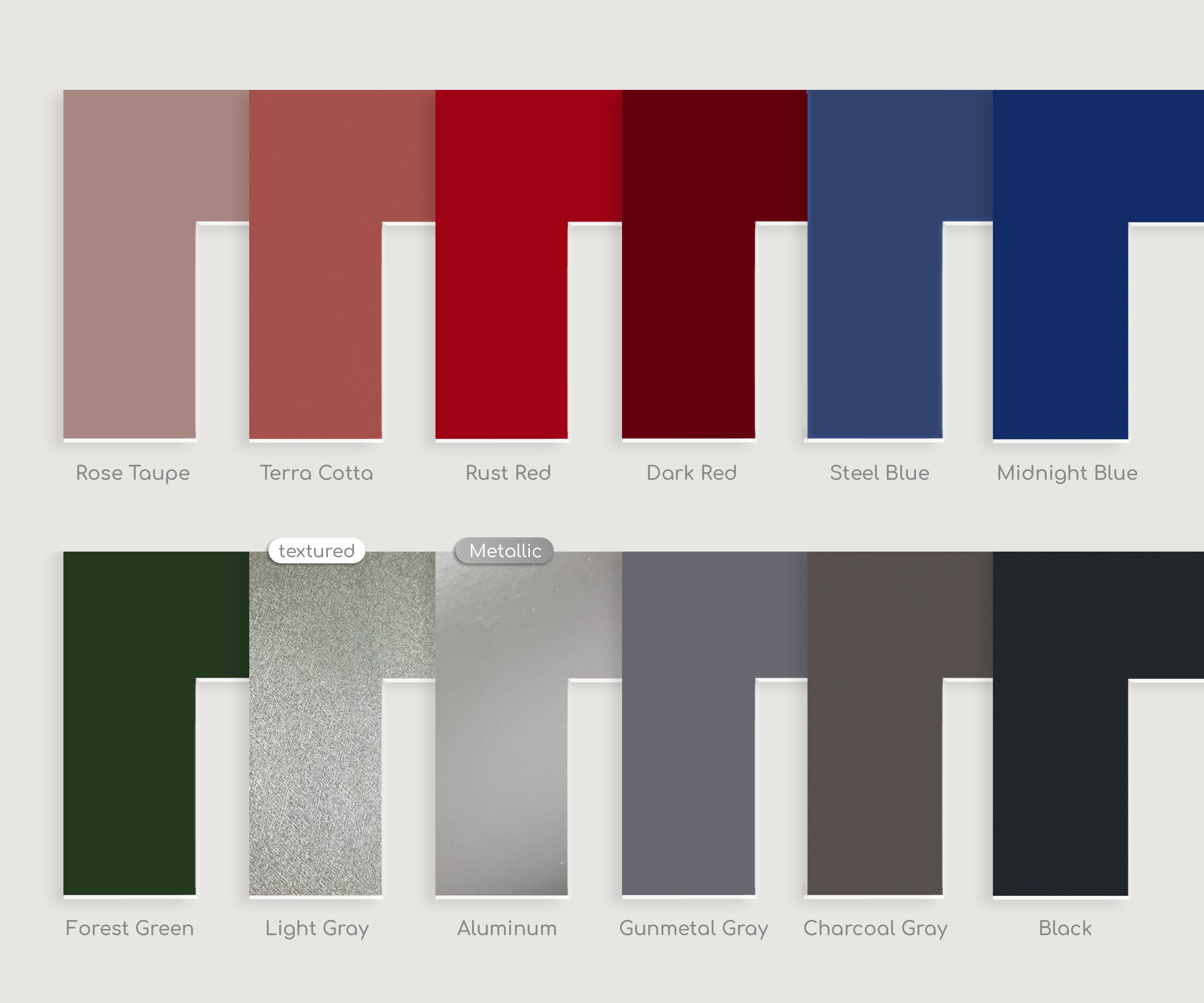 Matboard color palette swatches with names, featuring red, blue, gray, green, and black options.