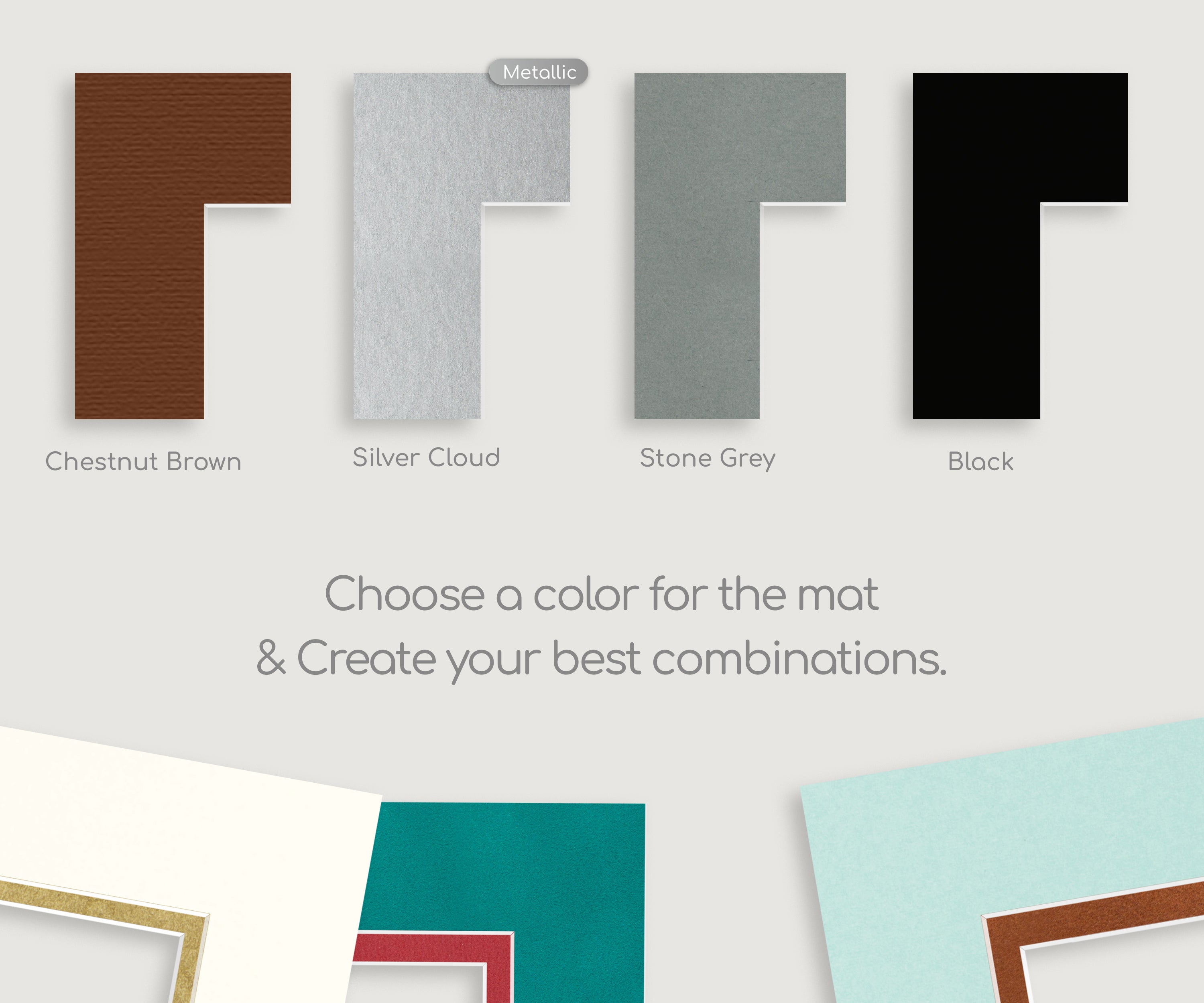 Four picture frame matboard samples in chestnut brown, silver cloud metallic, stone grey, and black, displayed on a neutral background.