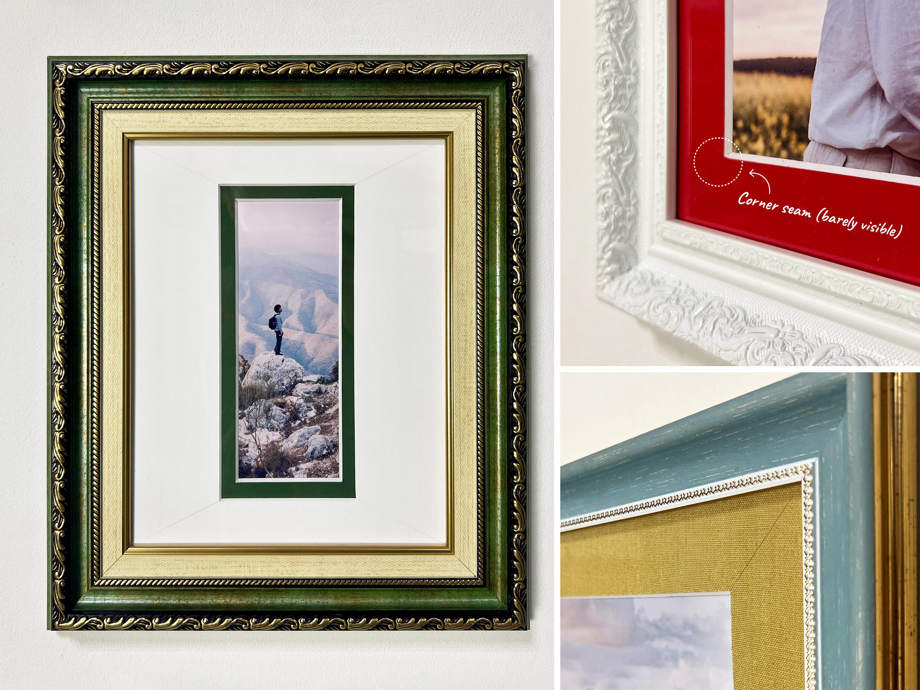 Handcrafted wooden picture frames with classic European designs and detailed matboards