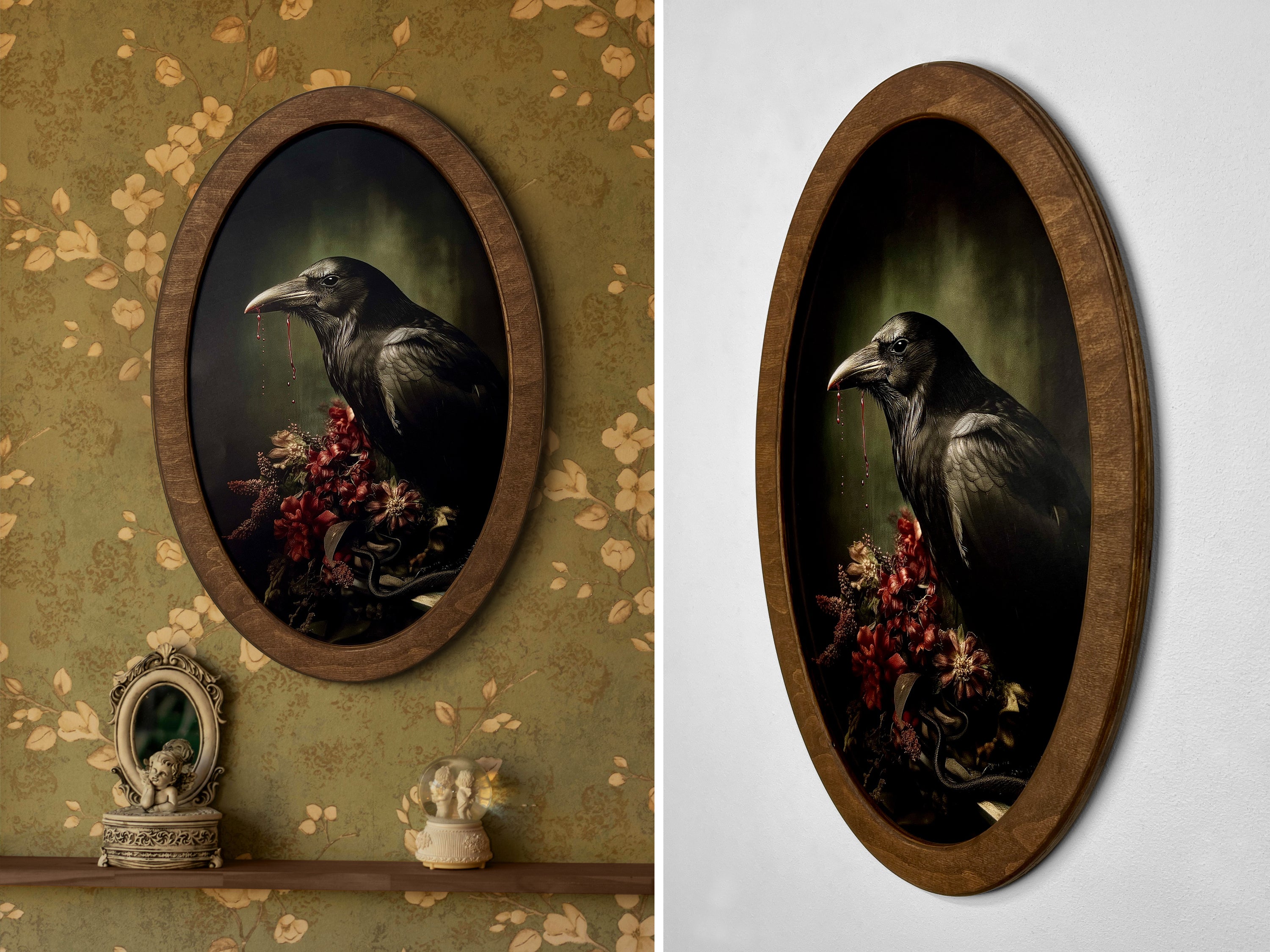 Vintage Animal Portrait Wall Art | Gothic Oval Wooden Frame Set