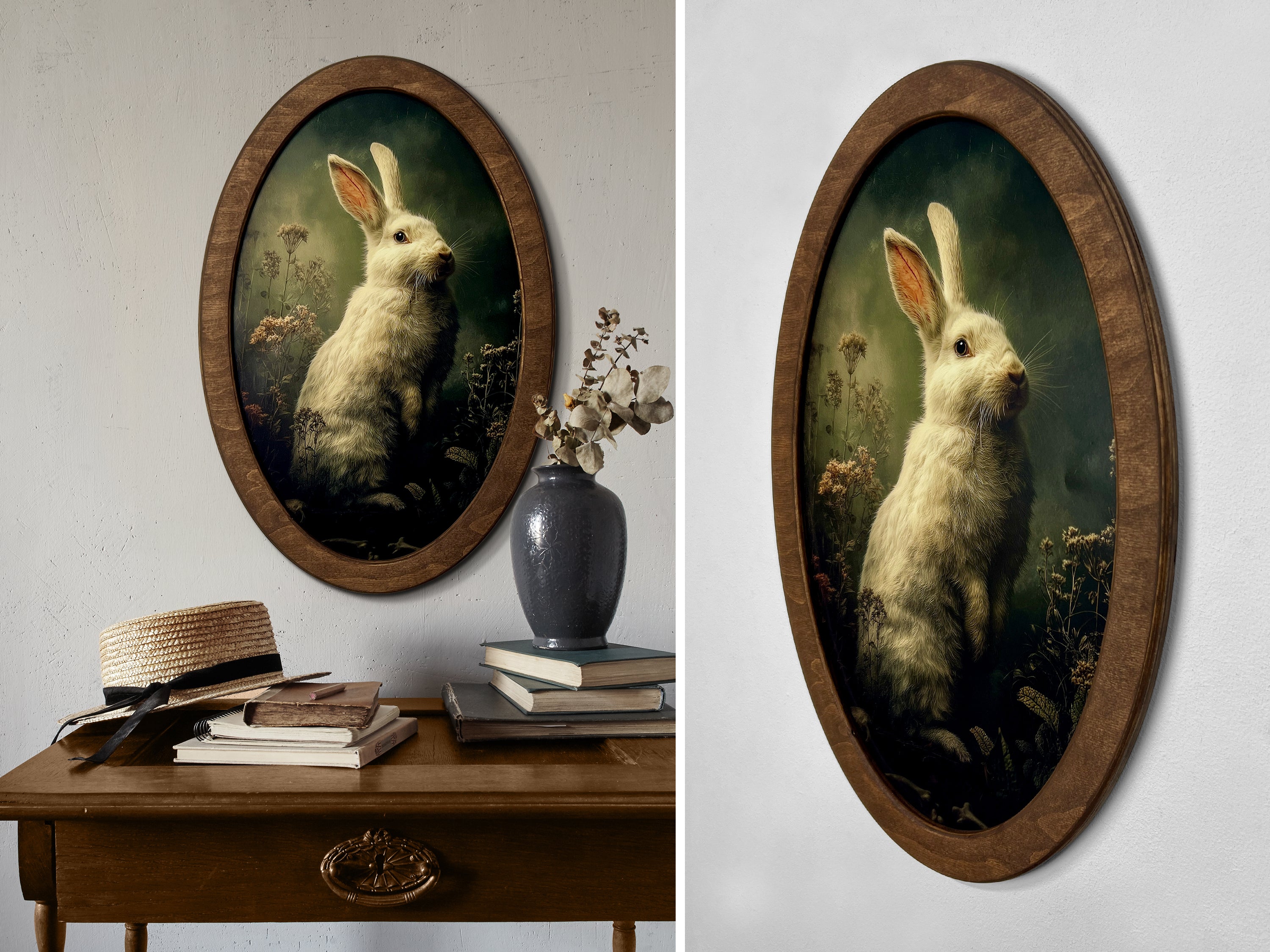 Vintage Animal Portrait Wall Art | Gothic Oval Wooden Frame Set