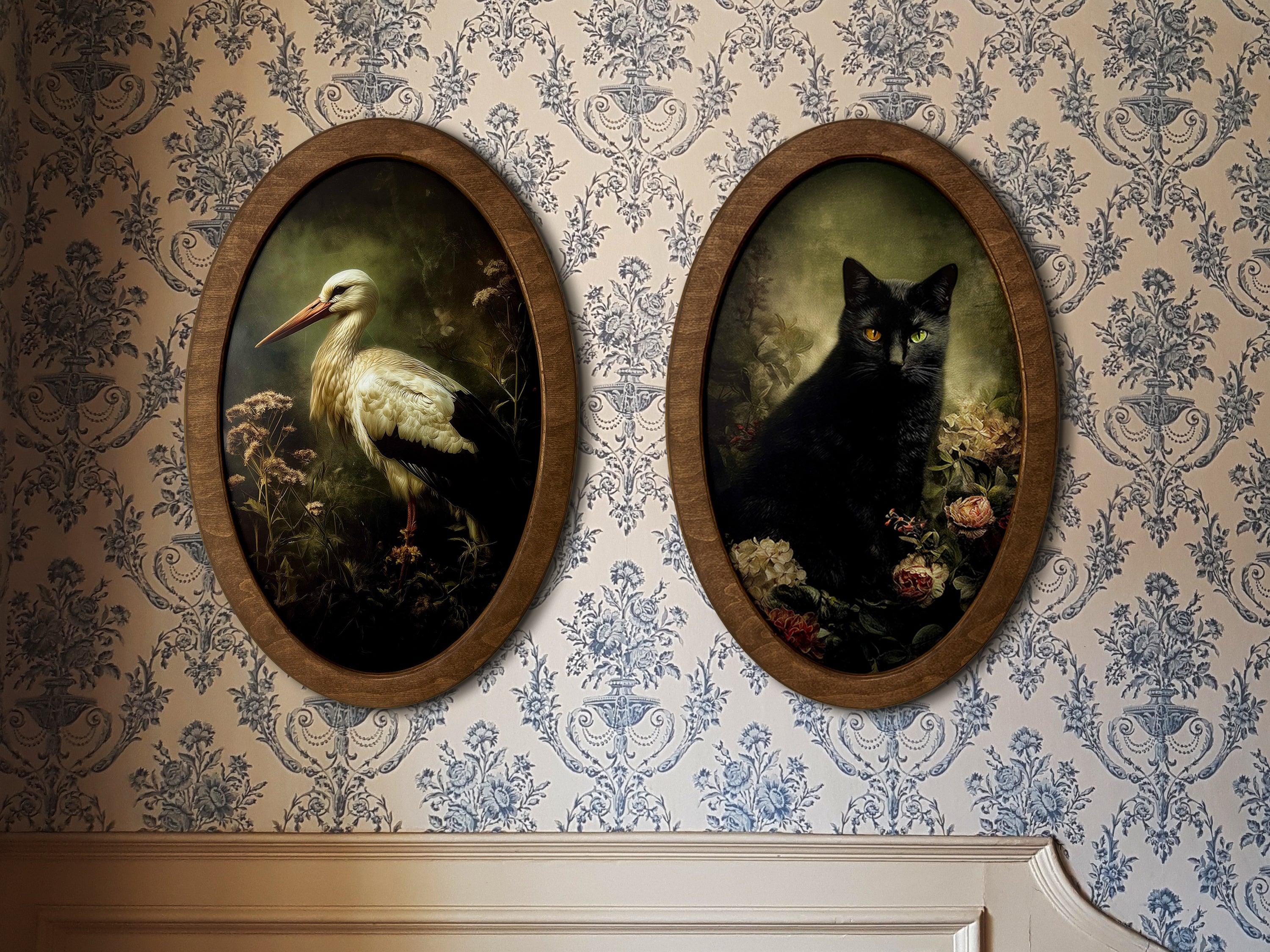 Vintage Animal Portrait Wall Art | Gothic Oval Wooden Frame Set
