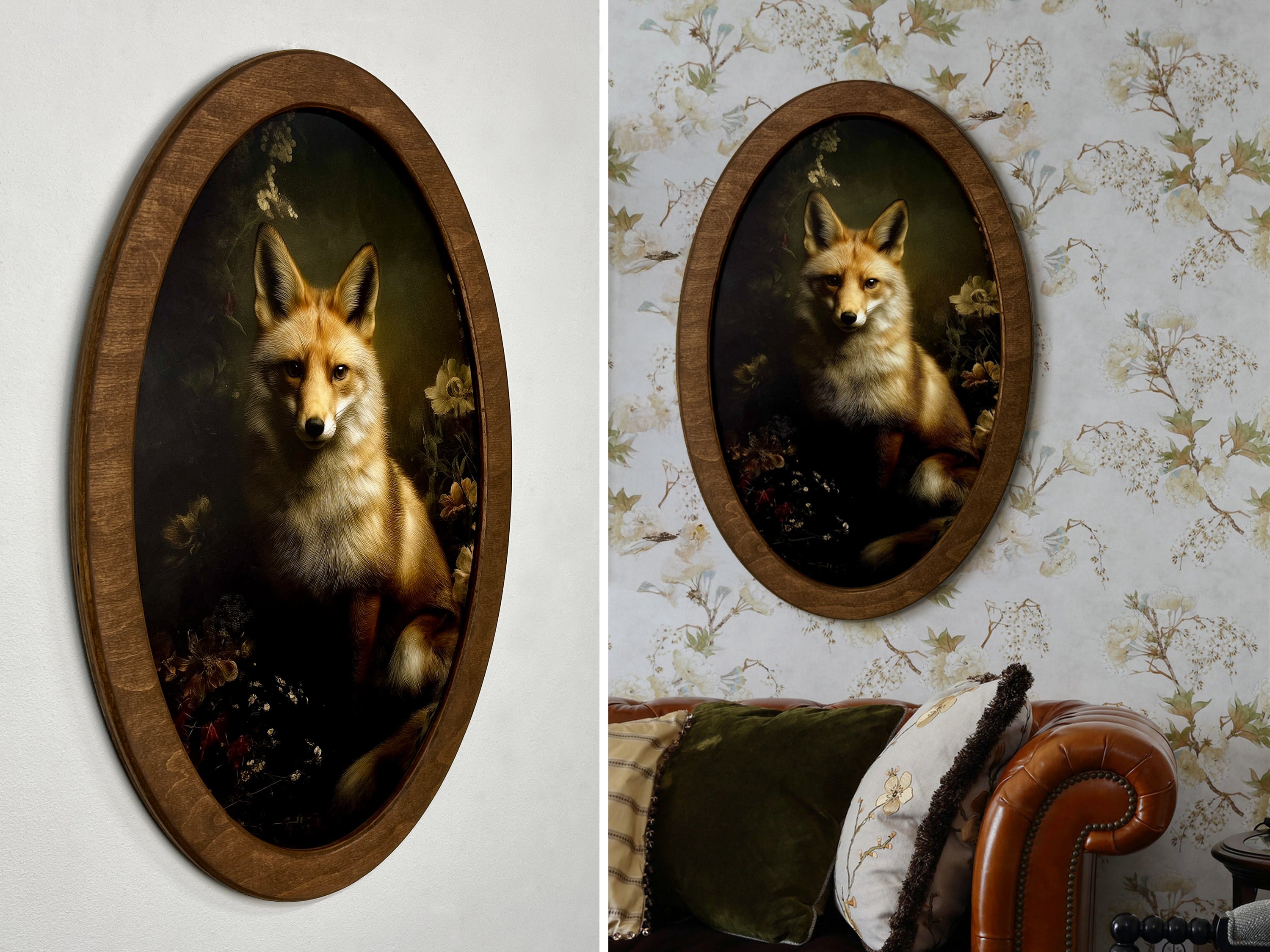 Vintage Animal Portrait Wall Art | Gothic Oval Wooden Frame Set