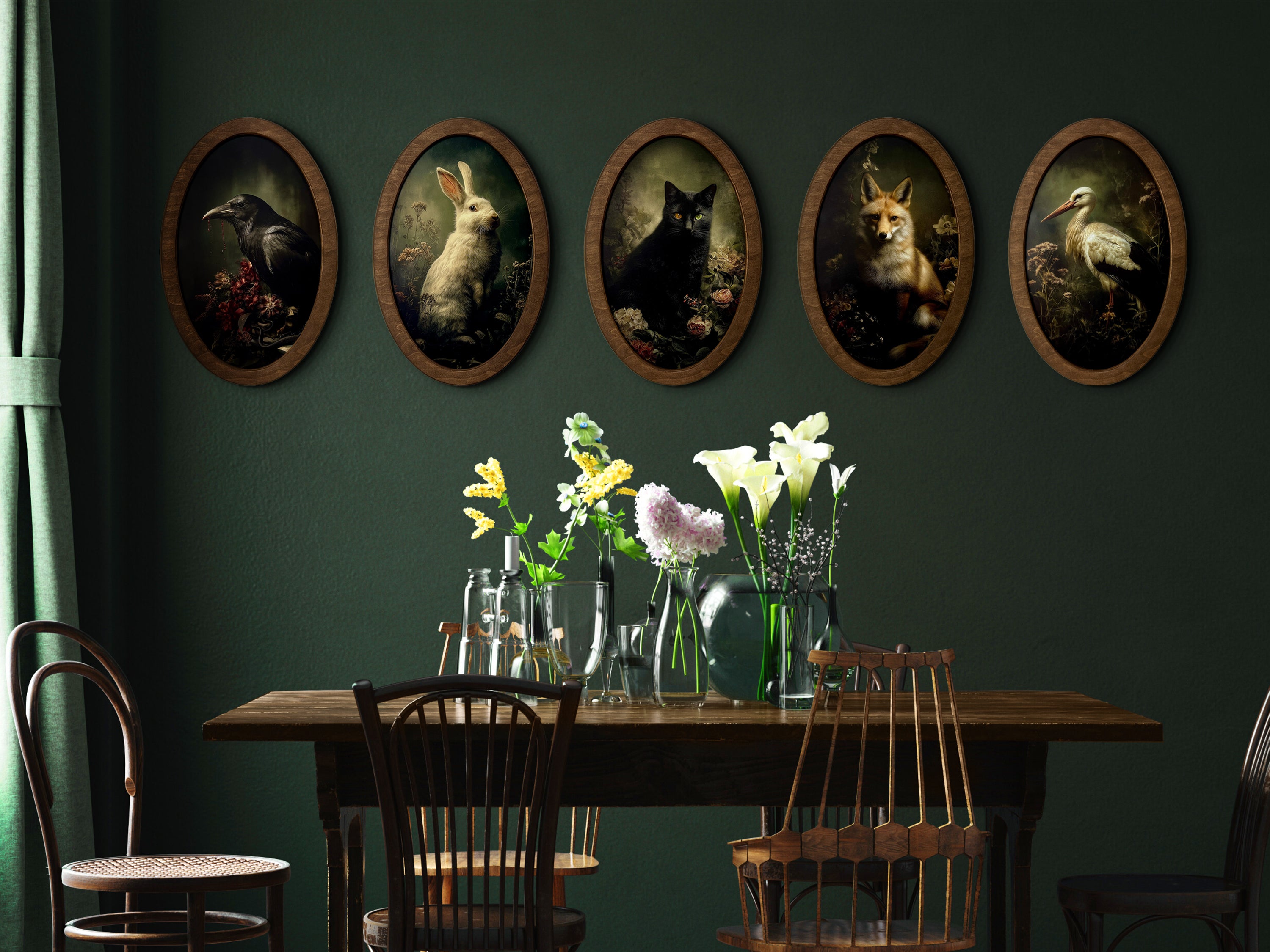 Vintage Animal Portrait Wall Art | Gothic Oval Wooden Frame Set