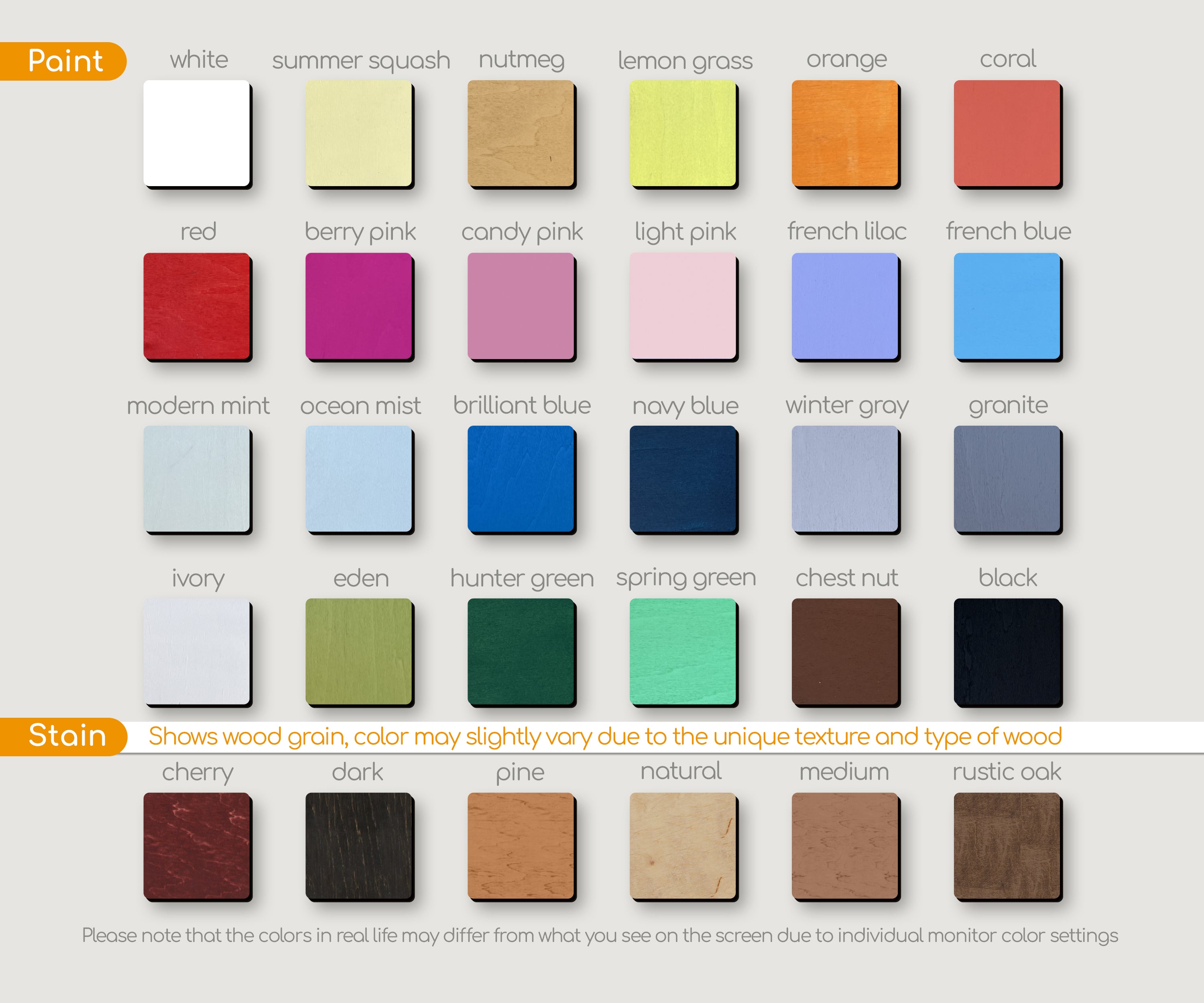 Color palette of paint and wood stain finishes for handcrafted wooden picture frames, showing 28 color swatches including white, neutrals, vibrant and pastel tones, plus natural wood grain stains.