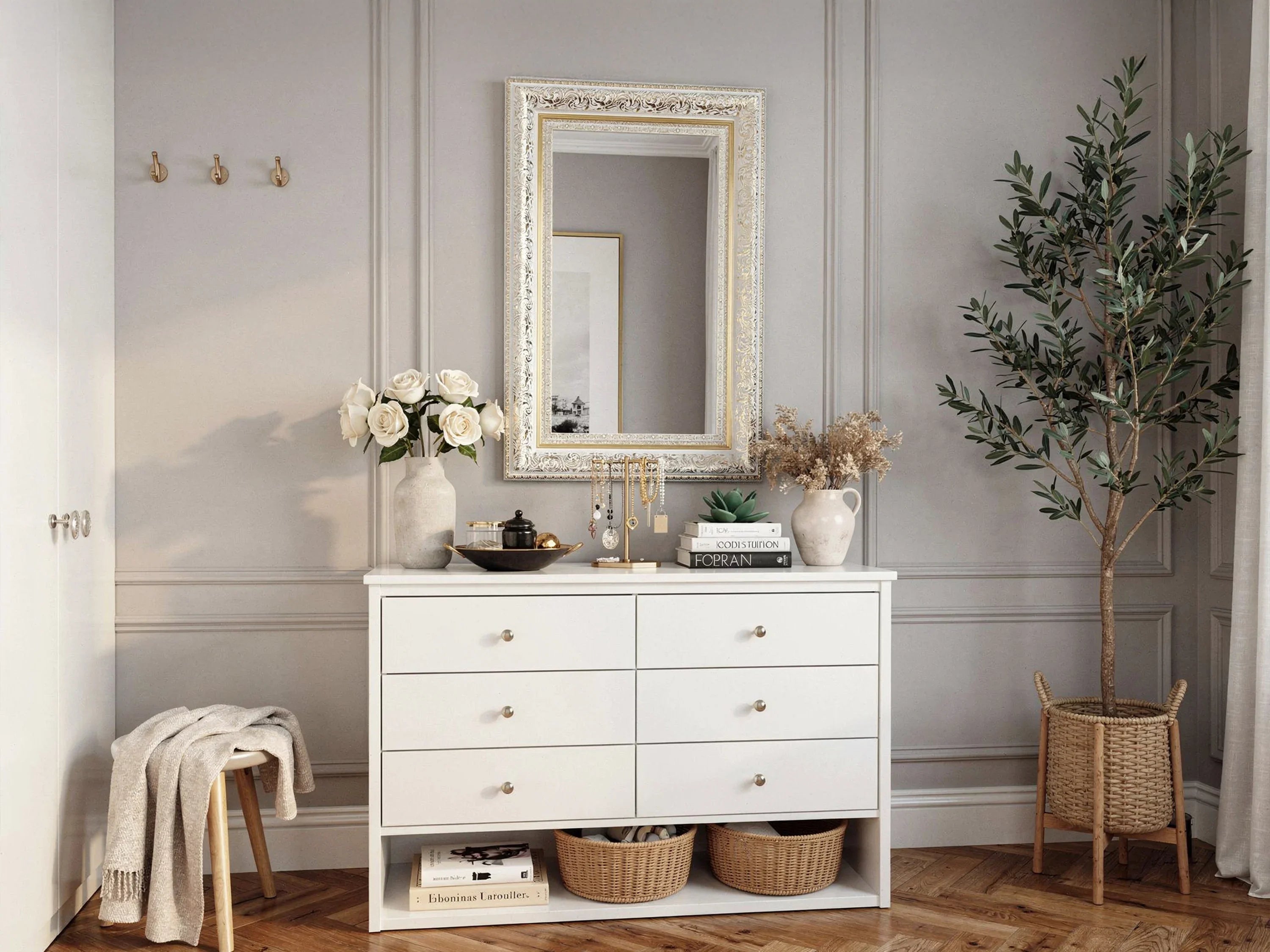 Handcrafted ornate wooden picture frame on wall above white dresser in elegant home interior