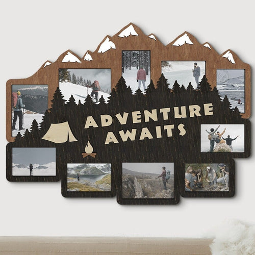 Adventure awaits family photo collage Wood camping signs