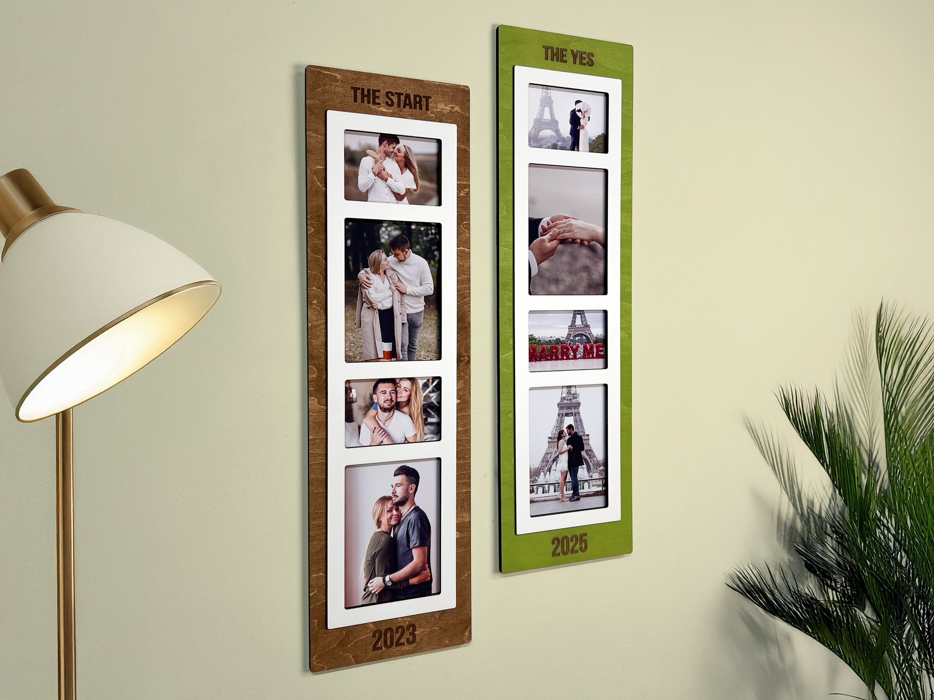 European-style wooden picture frames on wall displaying romantic couple photos and travel memories.