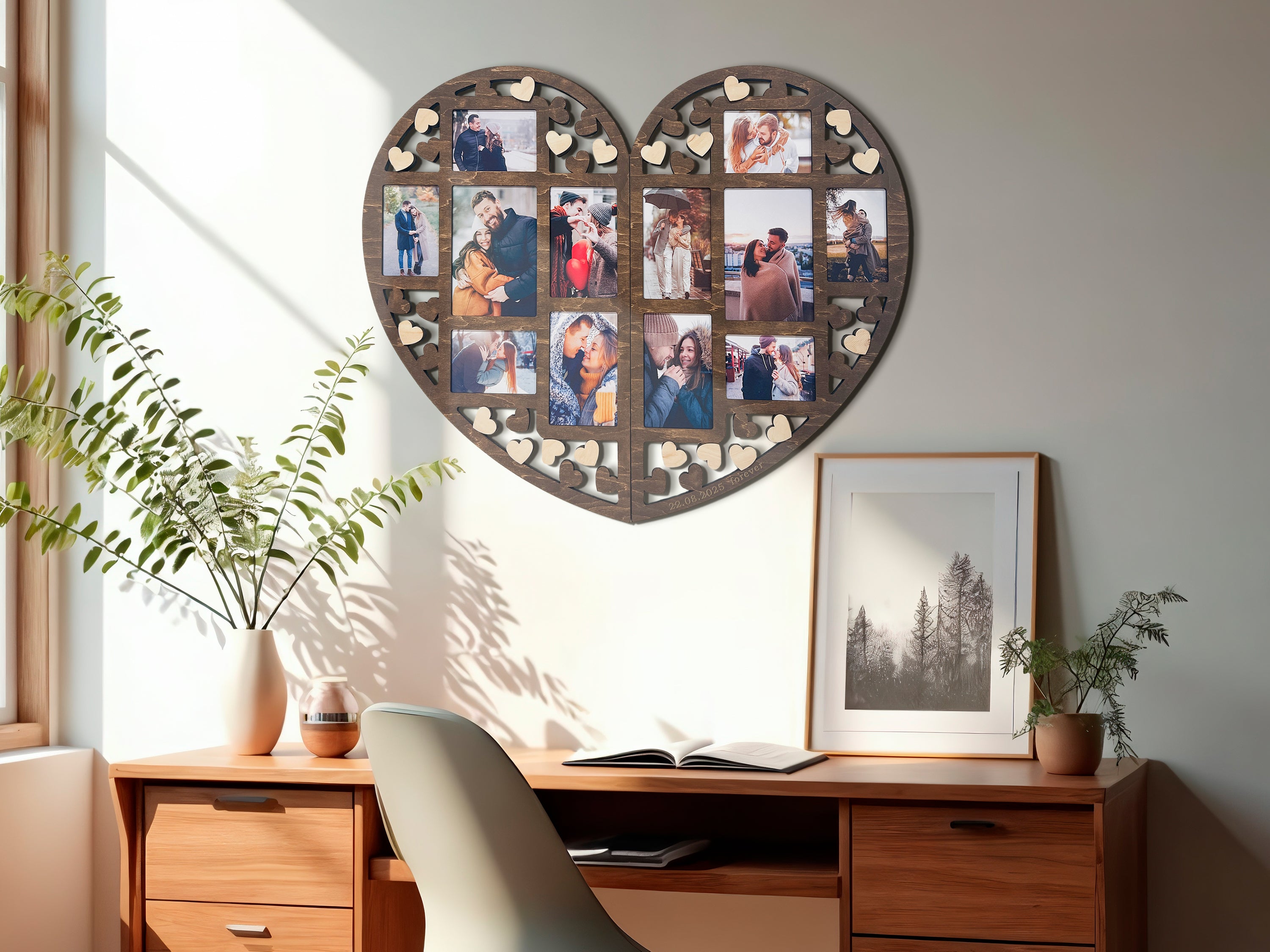 Personalized Heart Photo Collage – Wooden Couple Picture Frame for Love Story