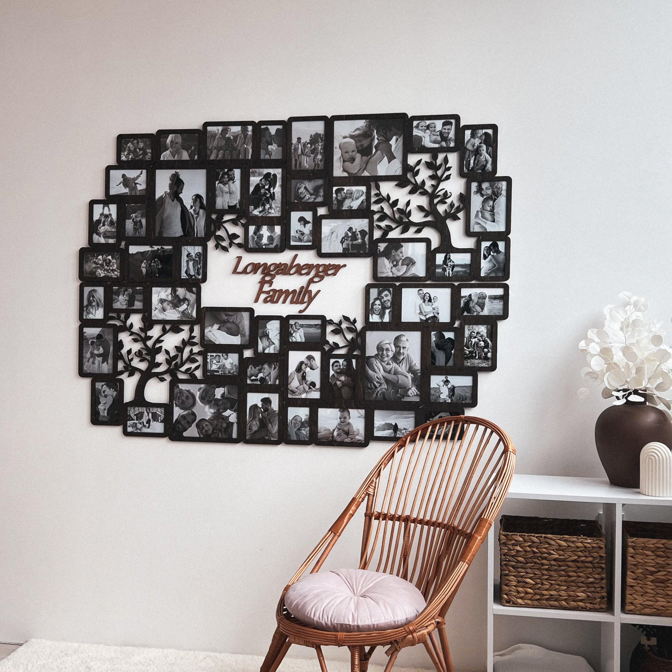 Large personalized picture frame collage featuring tree elements. This collage measures 46 inches in width and 62 inches in length and has 52 frames. Frame and letters can be painted in different colors. The text in the middle can be customized.