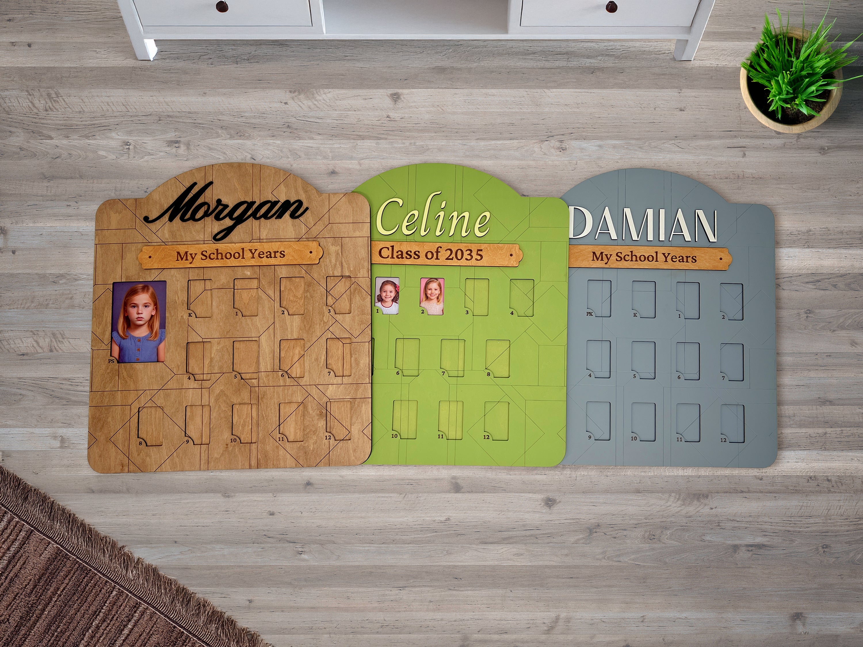 Personalized wooden school years picture frames for kids, displayed on a wooden floor