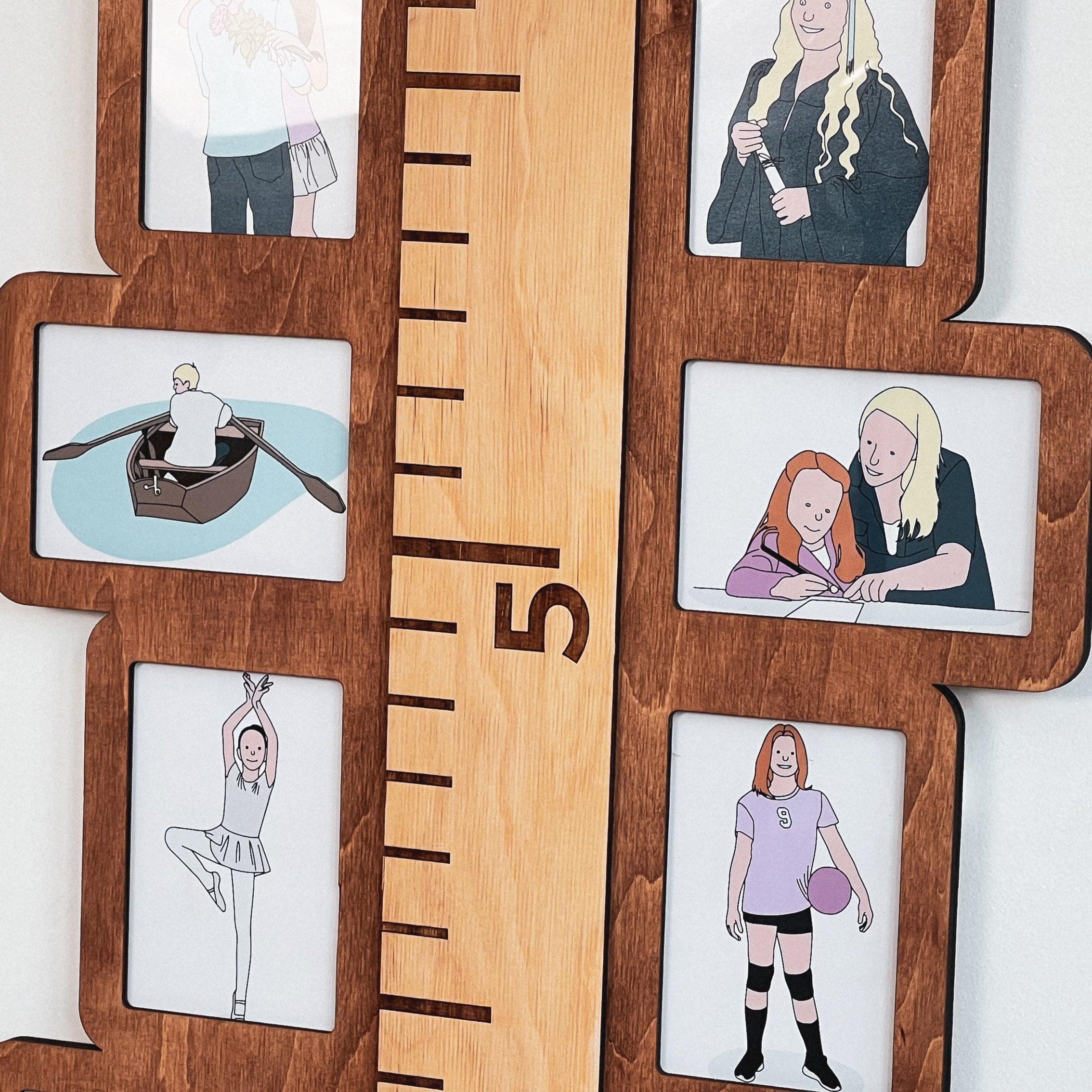 Growth chart for kids decorated with photo frames on both sides. This ruler measures 53 inches in length and 15 inches in width and has 22 frames. Frames and ruler can be painted in different colors. Units can be changed to centimeters and inches.