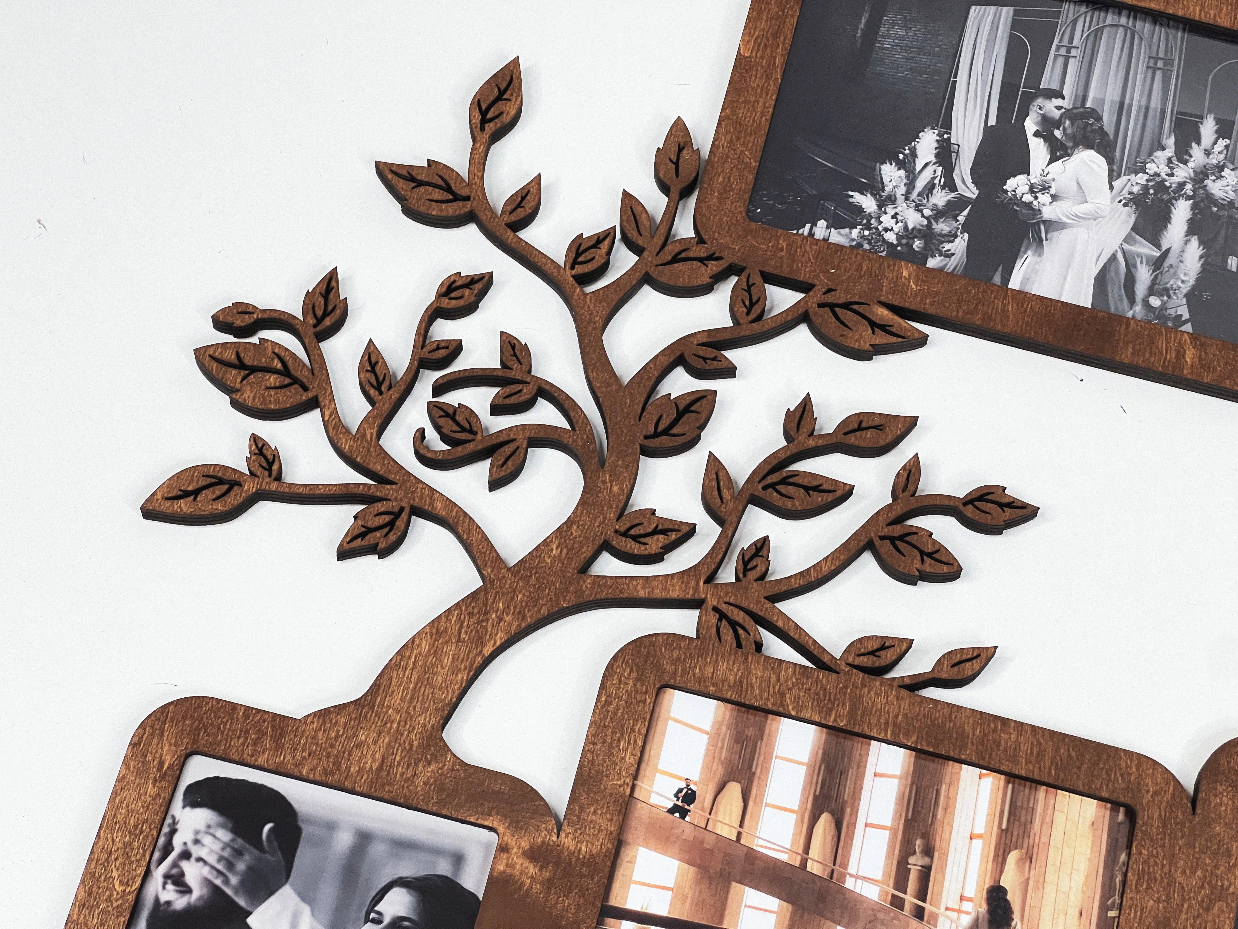 Personalized picture frame collage featuring tree elements. This collage measures 24 inches in width and 30 inches in length and has 9 frames. Frame and letters can be painted in different colors. The text in the middle can be customized.