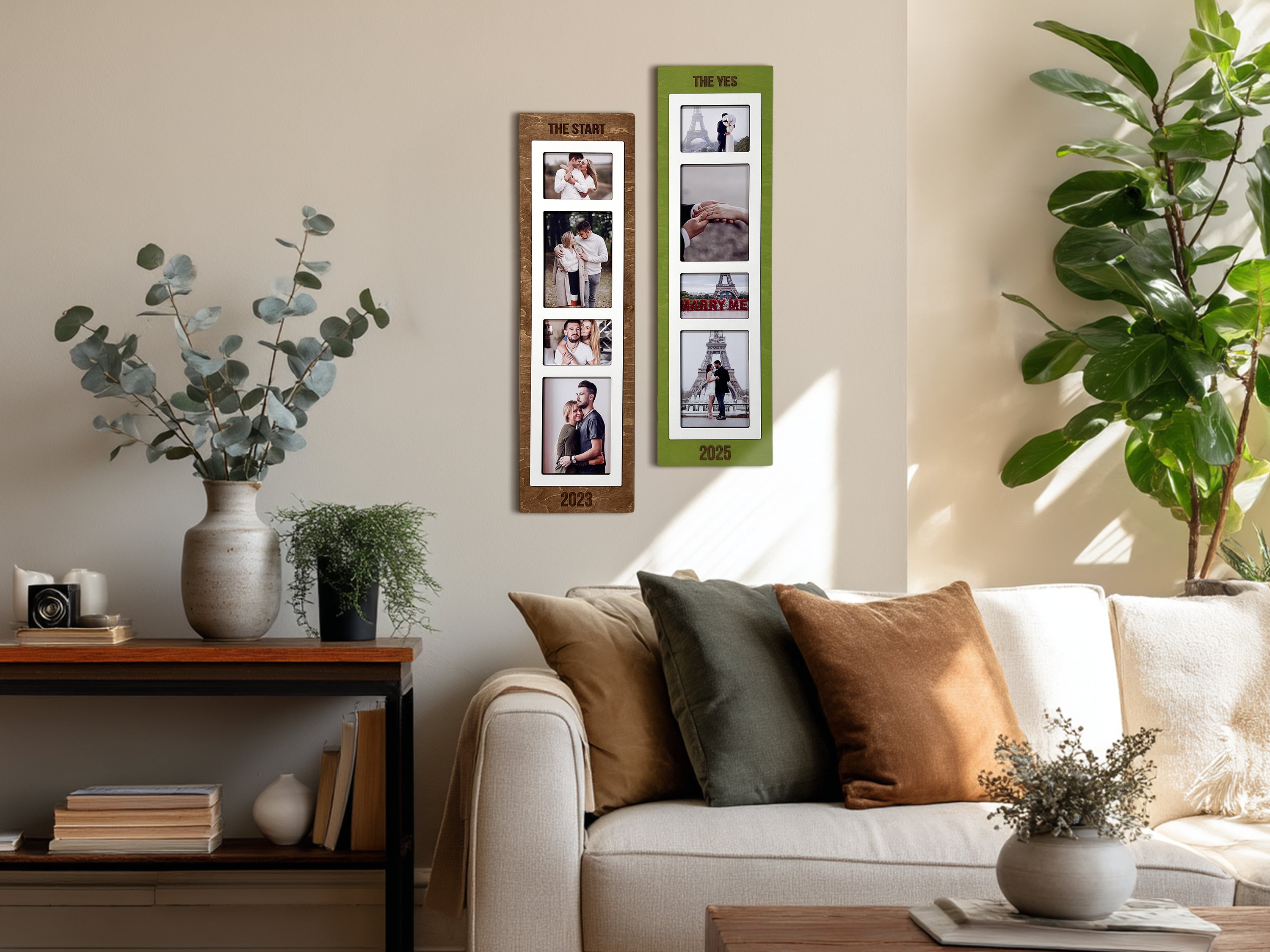 Handcrafted wooden picture frames on wall in cozy living room with green plants and sofa.