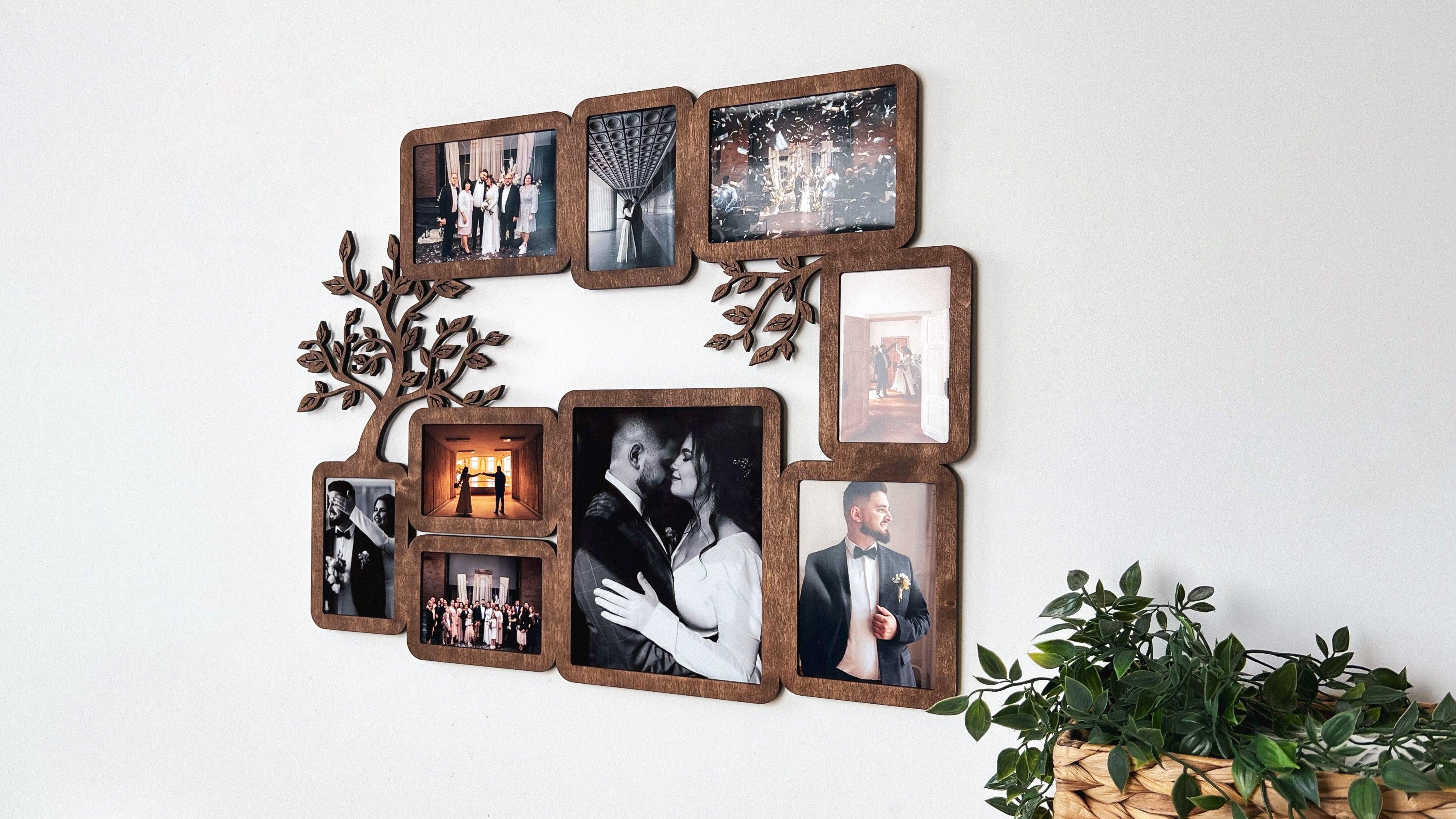 Personalized picture frame collage featuring tree elements. This collage measures 24 inches in width and 30 inches in length and has 9 frames. Frame and letters can be painted in different colors. The text in the middle can be customized.