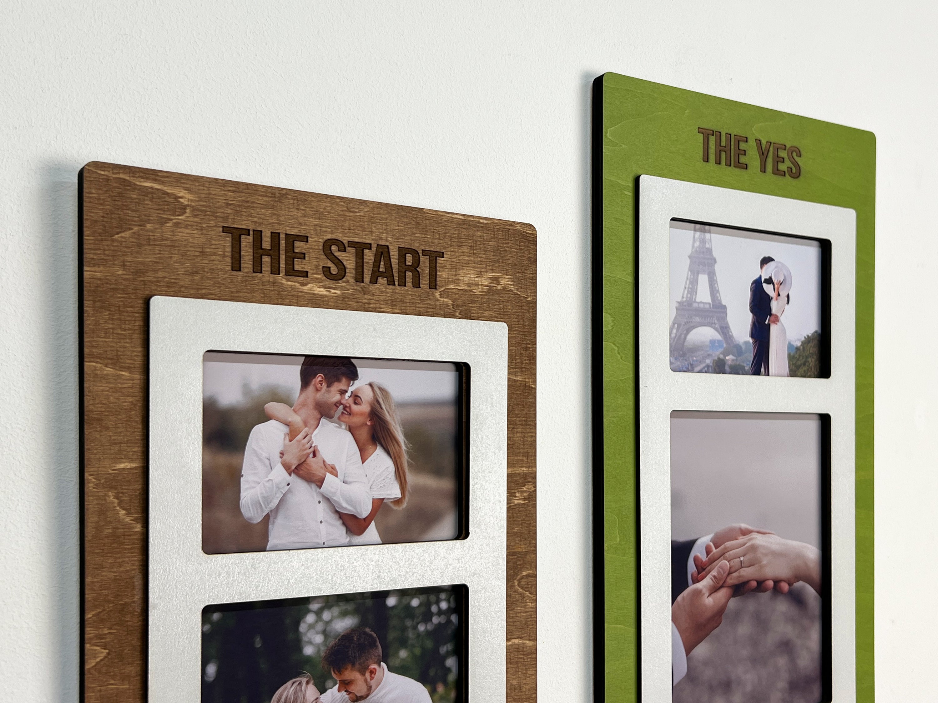 Handcrafted wooden picture frames for couples, labeled 'The Start' and 'The Yes', displaying romantic photos.