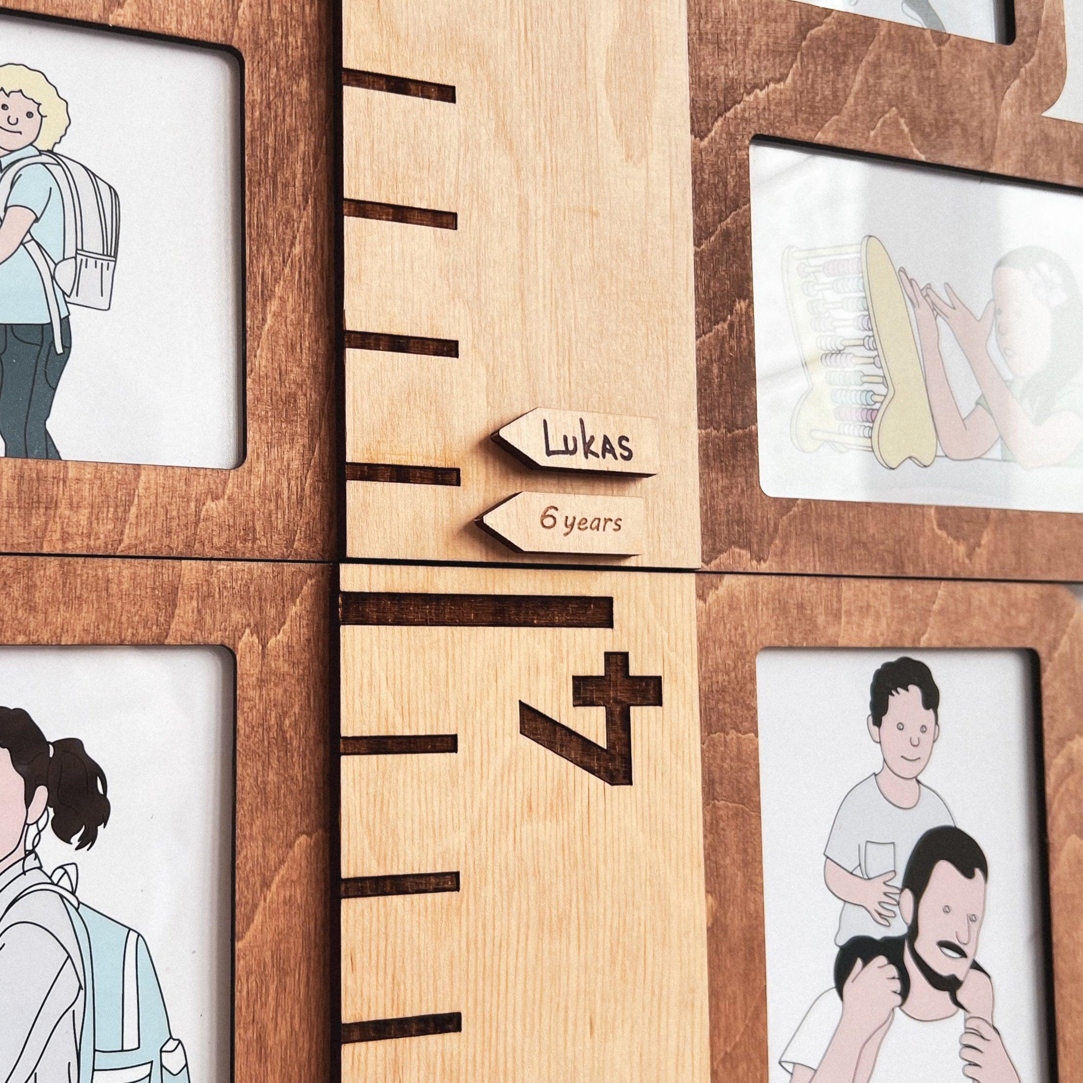 Growth chart for kids decorated with photo frames on both sides. This ruler measures 53 inches in length and 15 inches in width and has 22 frames. Frames and ruler can be painted in different colors. Units can be changed to centimeters and inches.